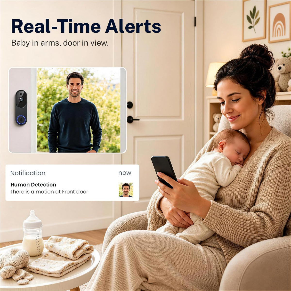 Video Doorbell Camera, Wireless Security Camera, 1080p, Battery Powered, AI Motion Detection, Night Vision, Two-Way Audio, Cloud Storage, 2.4 GWi-Fi, for Visitor, Baby Monitor