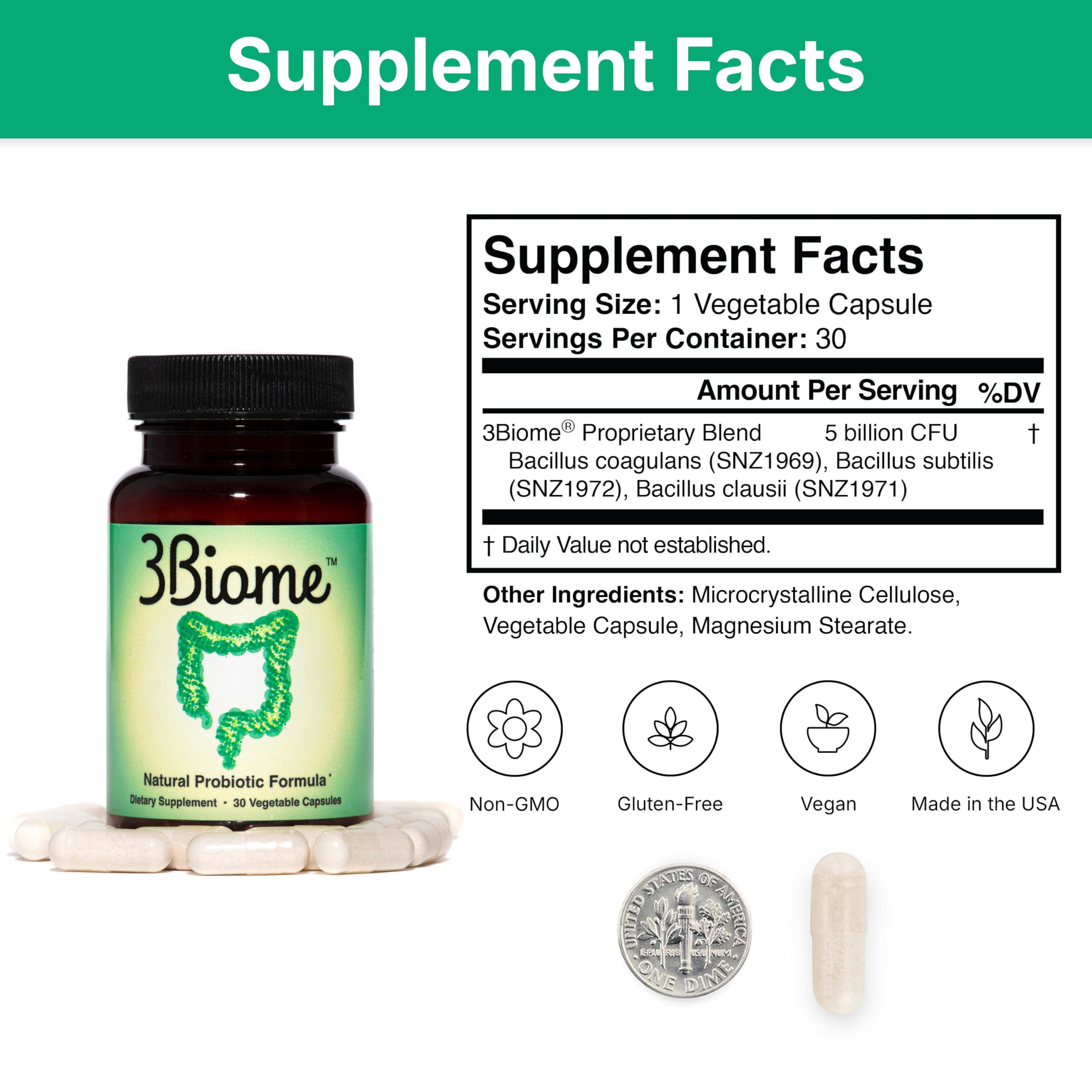 3Biome Natural Probiotic Supplement for Gut Health, Vegan, Gluten-Free | With Smart Probiotics to Improve Digestion and Regularity While Easing Gas, Bloating, and Stomach Discomfort, 30-Day Supply