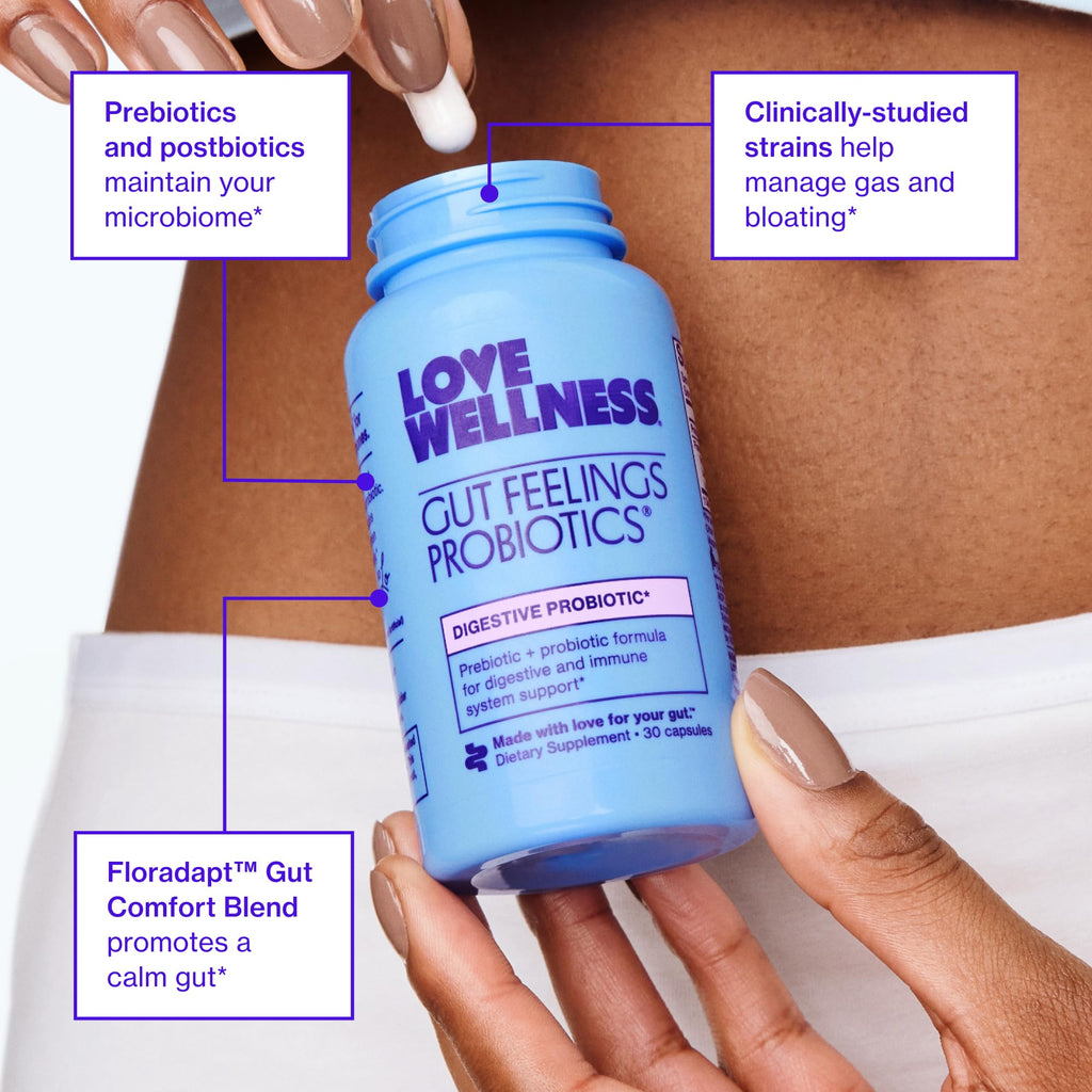 Love Wellness Gut Feelings Probiotic| Prebiotic + Postbiotic| 3B CFU| 30 Ct