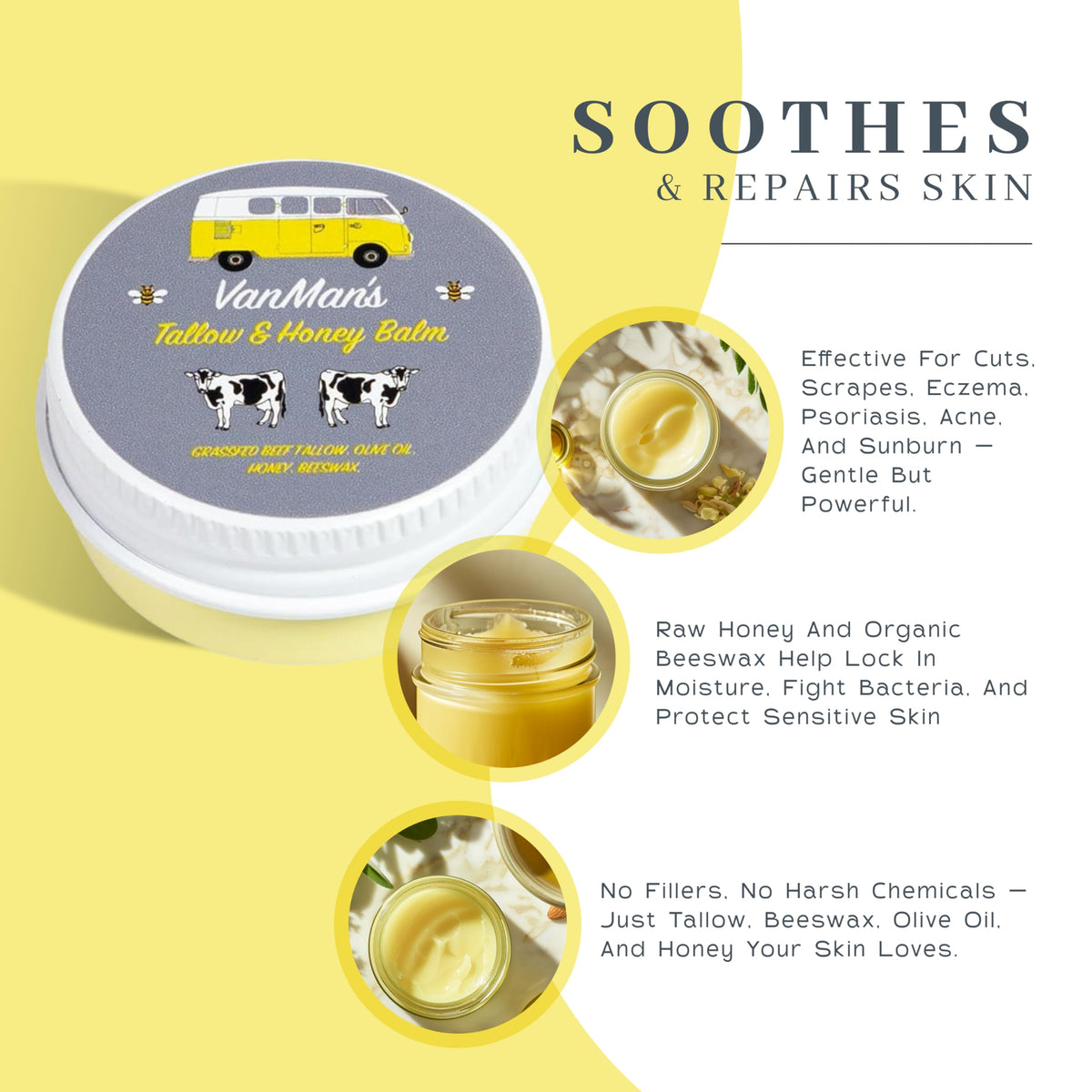 Vanman's Tallow and Honey Balm in vintage yellow packaging. Soothes and repairs skin with natural ingredients.