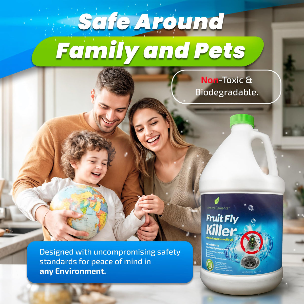 Natural Elements Fruit Fly Killer | Drain Flies, Gnats, Flying Ants | Home & Commercial Use | Non-Toxic Gel Formula | 1 Gallon | 128 Fl Oz