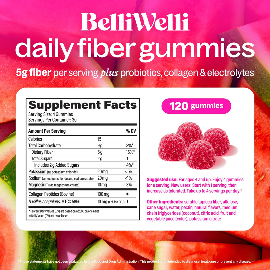 Belli Welli Fiber Gummies for GLP-1 Support - Watermelon - Tapioca Prebiotic Fiber Gummy - Digestive Health & Regularity for Women, Men, Kids - 120CT