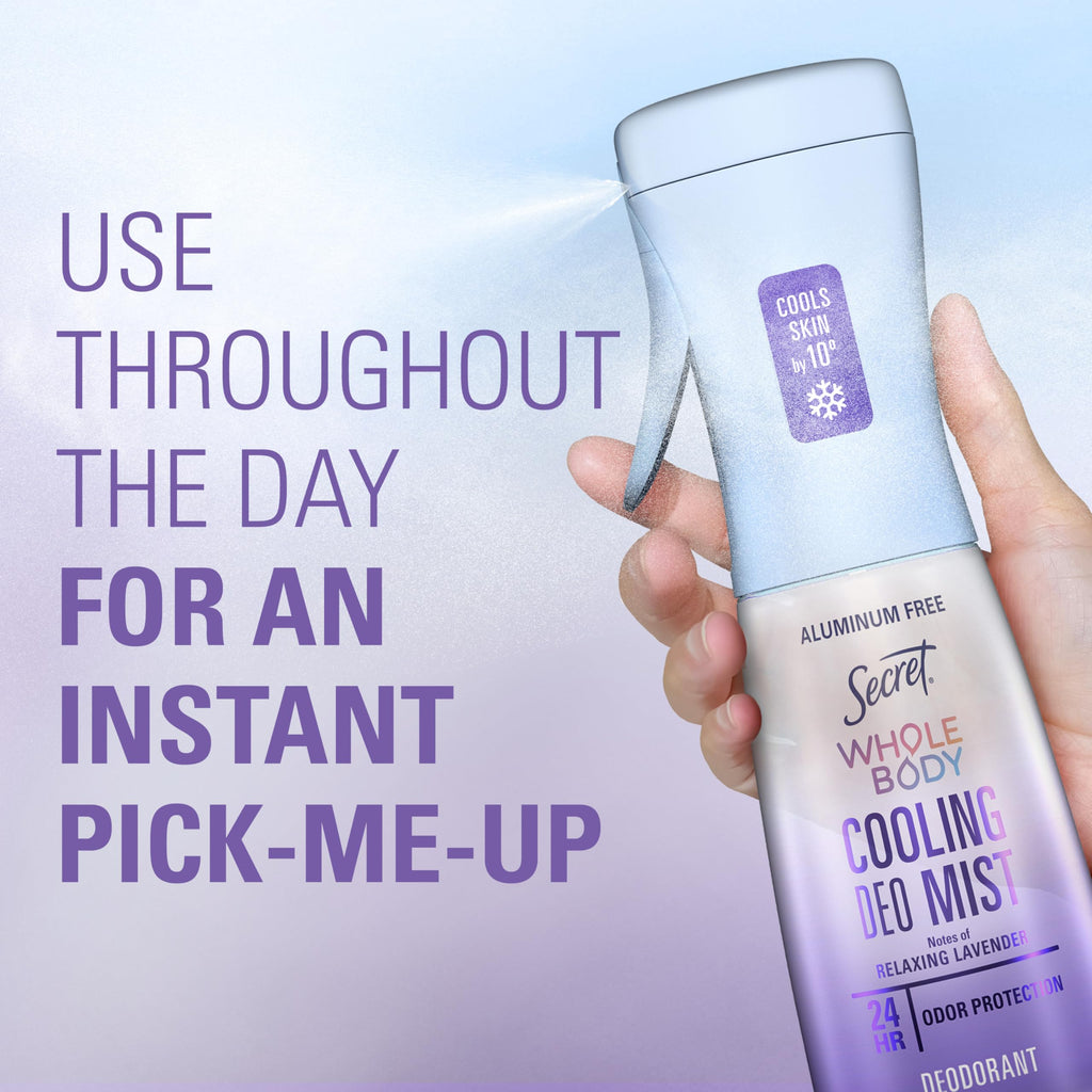 Secret Cooling Aluminum Free Whole Body Deodorant Mist for Women, 24hr Odor Protection, Instant Cooling Relief, Soothes & Revitalizes Skin, PH Balanced Formula, Relaxing Lavender Scent, 5.2 fl oz
