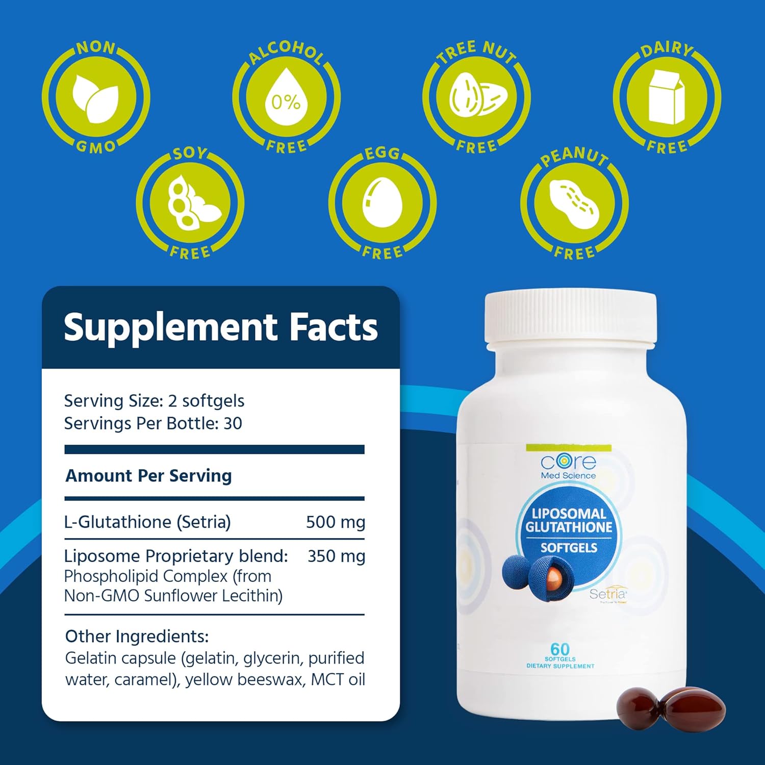 Buy now Core Med Science Liposomal Glutathione Supplement (500mg, 60 Softgels) - Pure Reduced Setria with Phospholipid Complex - Antioxidant Supplement for Energy, and Skin at indiglob india