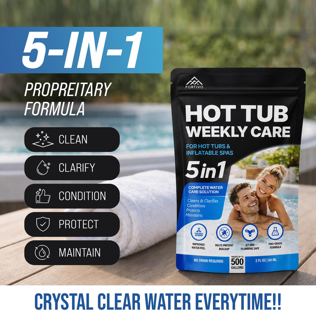 5-in-1 Hot Tub Weekly Care - Water Clarifier and Conditioner for Sparkling Soft Spa Water, Safe on Hot Tub Surfaces and Components, for Acrylic, Inflatable, Portable, Hard Shell Spas - 4 Pouches