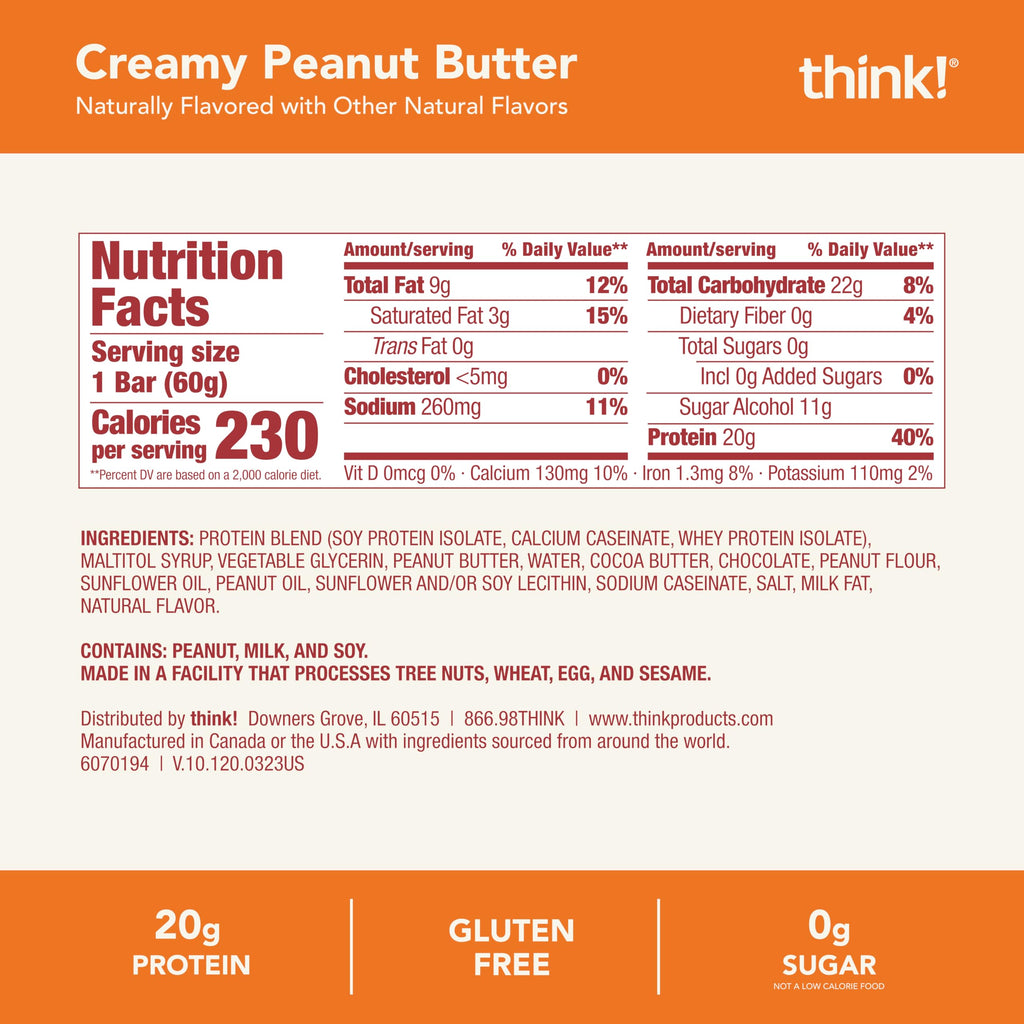 Buy now think! Protein Bars, High Protein Snacks, Gluten Free, Kosher Friendly, Creamy Peanut Butter, Nutrition Bars, 2.1 Oz per Bar, 12 Count (Packaging May Vary) at indiglob india