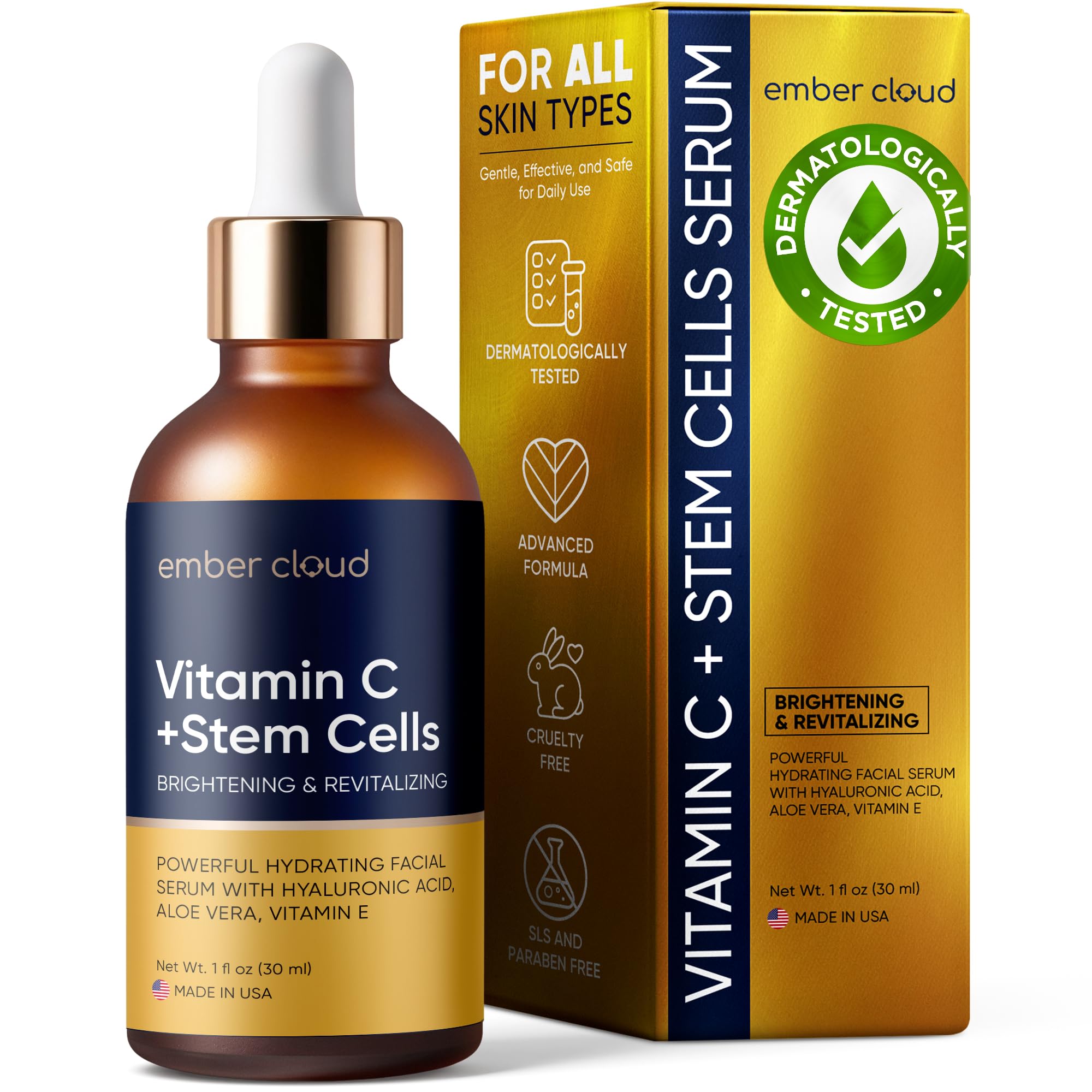 Vitamin C Serum for Face with Stem Cells & Hyaluronic Acid 8 Oz | Anti-Aging, Brightening, Hydrating Face Serum for All Skin Types, Cruelty Free, Made in USA, with Aloe Vera & Vitamin E