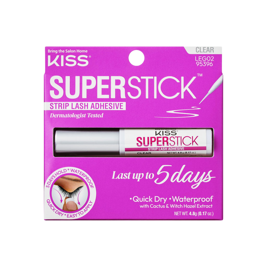 Kiss SuperStick Lash Glue for Strip Eyelashes, Black, 0.17 Oz (4.8 g), Dermatologist-Tested, Extended Wear Lash Adhesive, Easy-to-Apply Quick-Dry Brush Applicator, Waterproof on Normal Skin