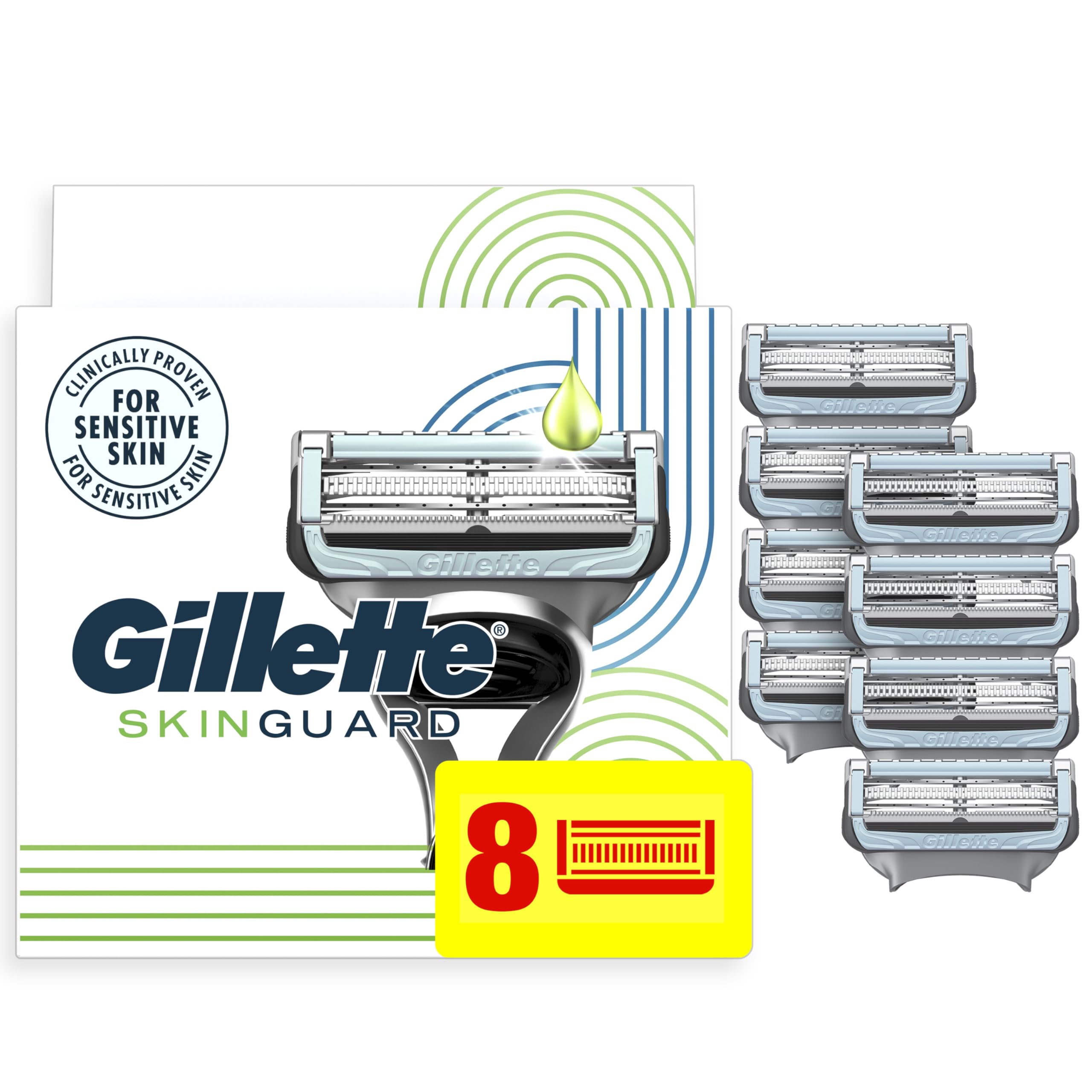 Gillette SkinGuard Razor Blade Refills for Men, 2 Blade Cartridge, SkinGuard for Sensitive Skin, Lubrication, Fits SkinGuard Razor Handles, 8 Count