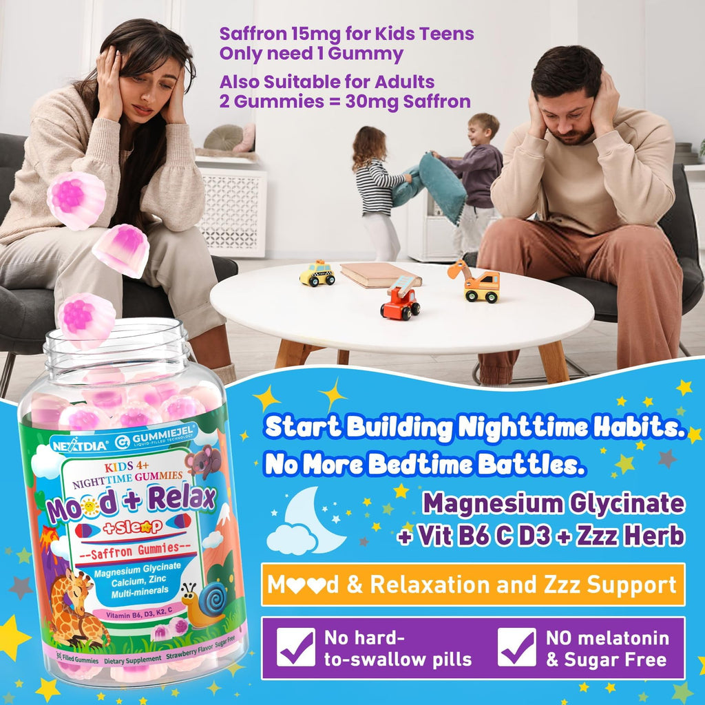 Kids 4+ Magnesium + Saffron Sleep Gummies, Relax Happy Filled Gummy, Bedtime Calcium Zinc, Mineral + Multivitamin Gummies, Melatonin Free | Vitamin D3 K2 | Bone, Only Need 1 Gummy - Sweet Dream Magic