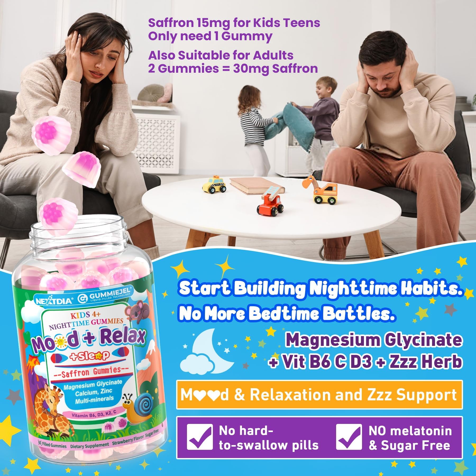 Kids 4+ Magnesium + Saffron Sleep Gummies, Relax Happy Filled Gummy, Bedtime Calcium Zinc, Mineral + Multivitamin Gummies, Melatonin Free | Vitamin D3 K2 | Bone, Only Need 1 Gummy - Sweet Dream Magic