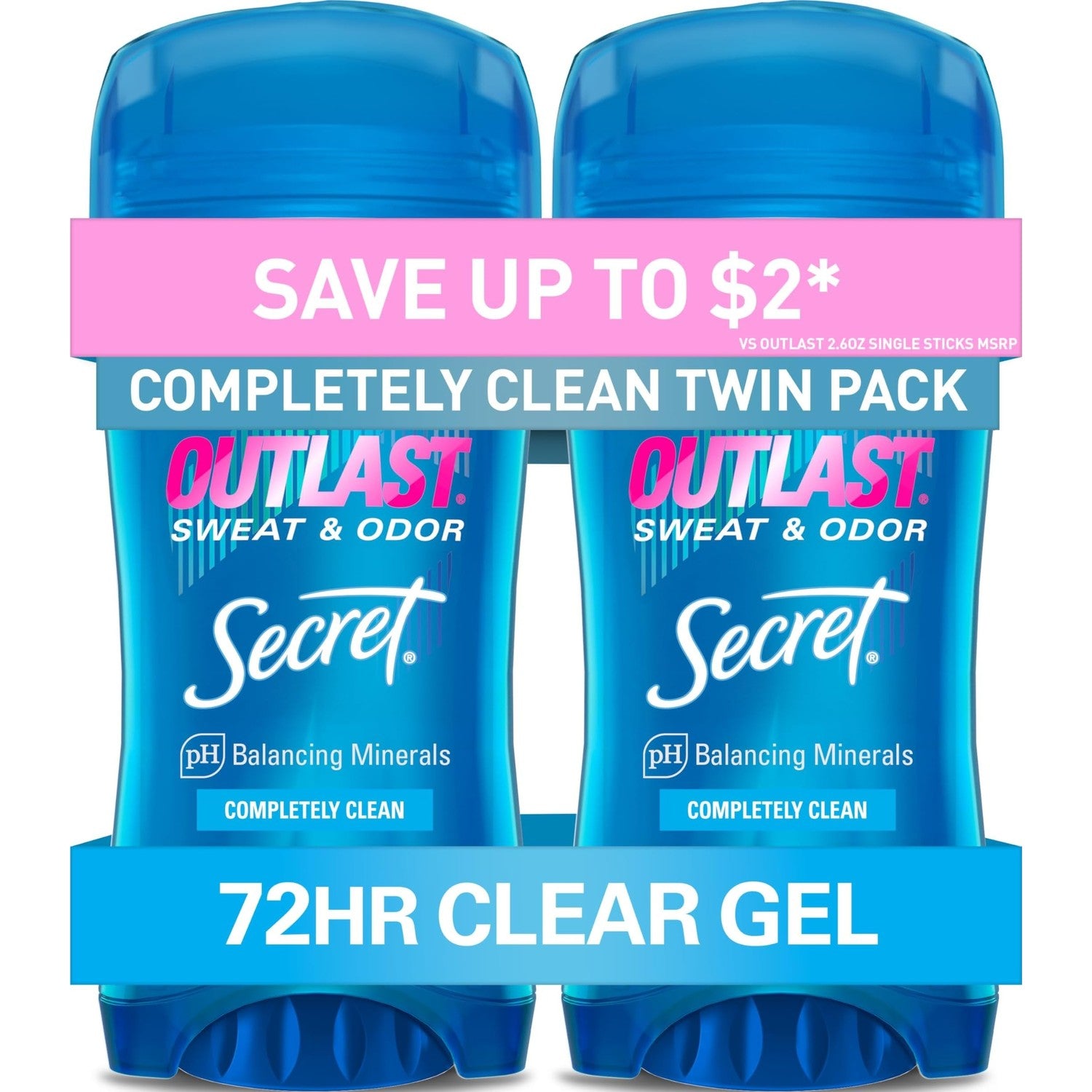 Secret Outlast Antiperspirant Deodorant for Women, 72hr Sweat & Odor Protection, PH Balancing Minerals, Pro-Hyaluronic Acid, Clear Gel, Completely Clean Scent, 2.6 oz (Pack of 2)