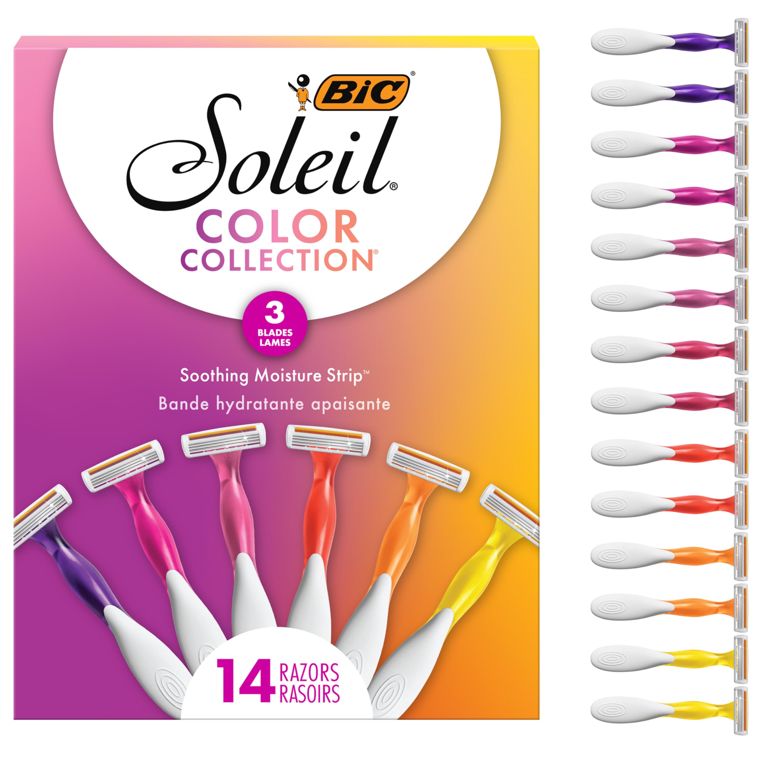 BIC Soleil 3 Colors Women's Disposable 3-Blade Razors, Aloe Vera Strip, College Dorm Room Essential, Shower Caddy and Toiletry Bag Ready, 14-Pack