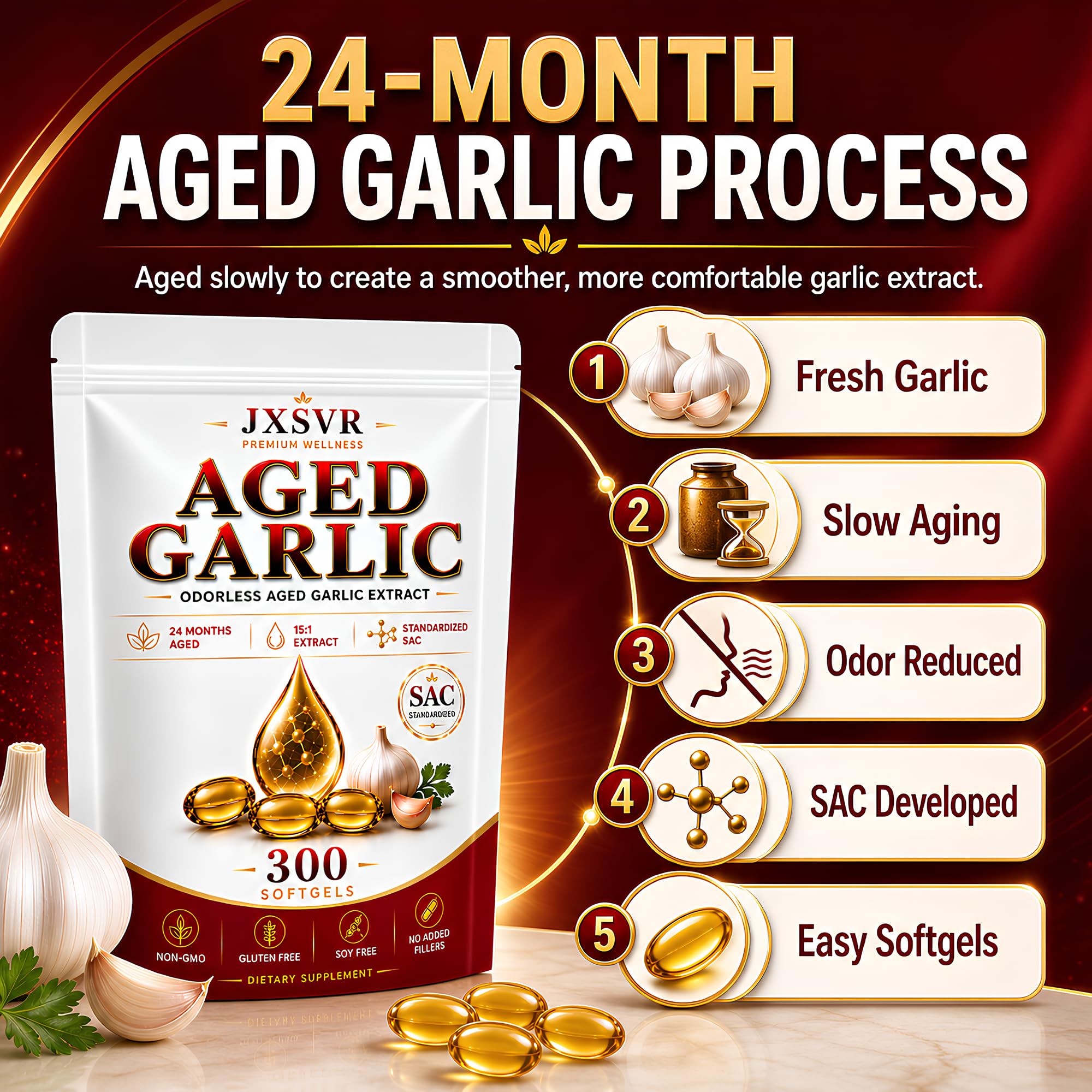 Pure Aged Garlic Extract Softgels, Odorless Garlic Supplement, 24-Month Naturally Aged with Standardized SAC, Heart Health, Immune & Antioxidant Support, 300 Count (2)