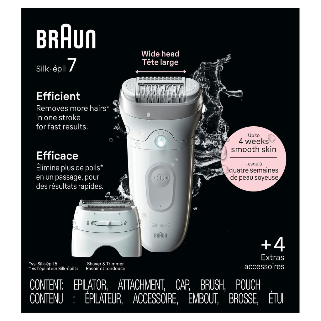 Braun Epilator Silk-épil 7, Hair Removal Device, Women Shaver & Trimmer, Wet and Dry, Wide Head, Includes Shaver Head and Trimmer Comb, SE7-041, Silver
