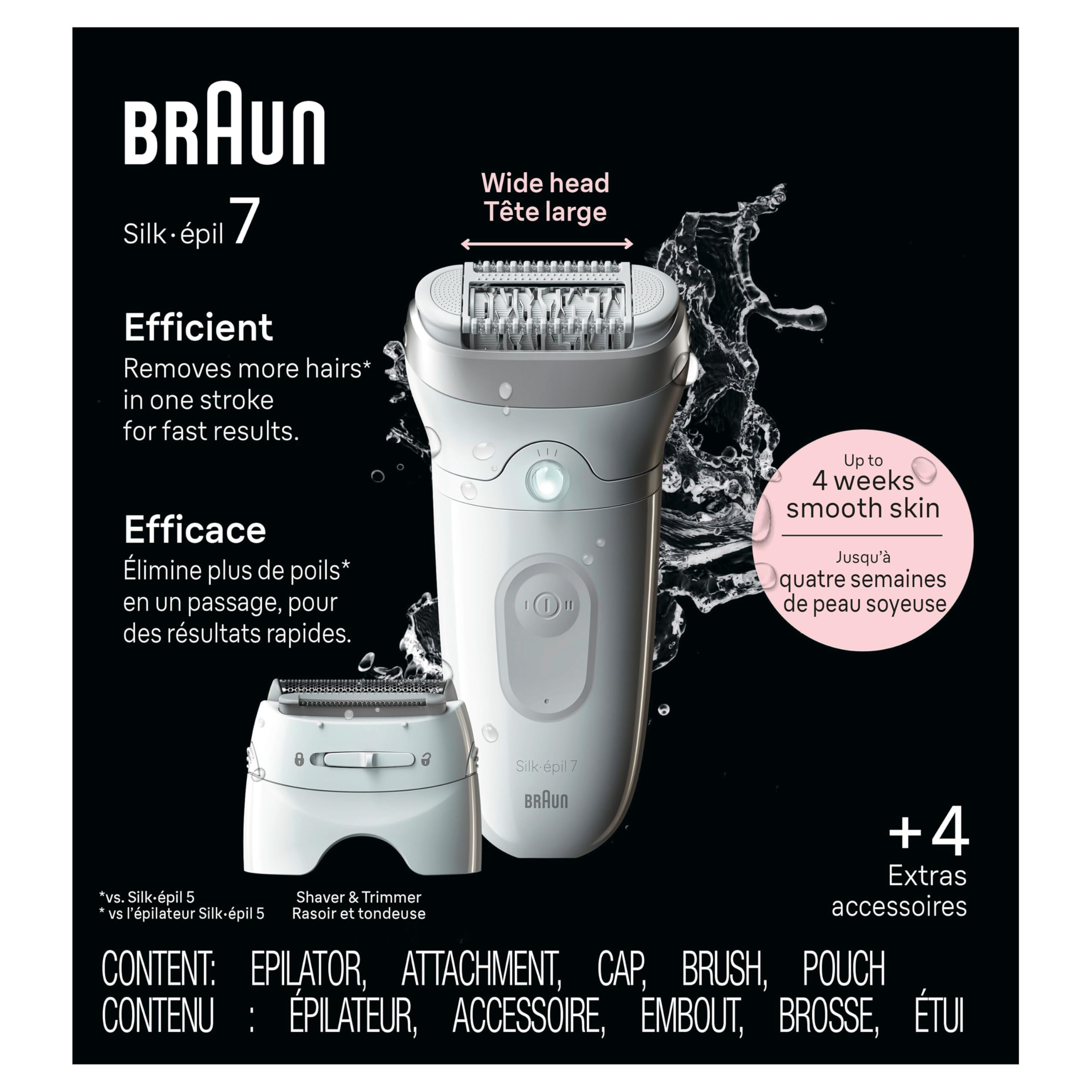 Braun Epilator Silk-épil 7, Hair Removal Device, Women Shaver & Trimmer, Wet and Dry, Wide Head, Includes Shaver Head and Trimmer Comb, SE7-041, Silver