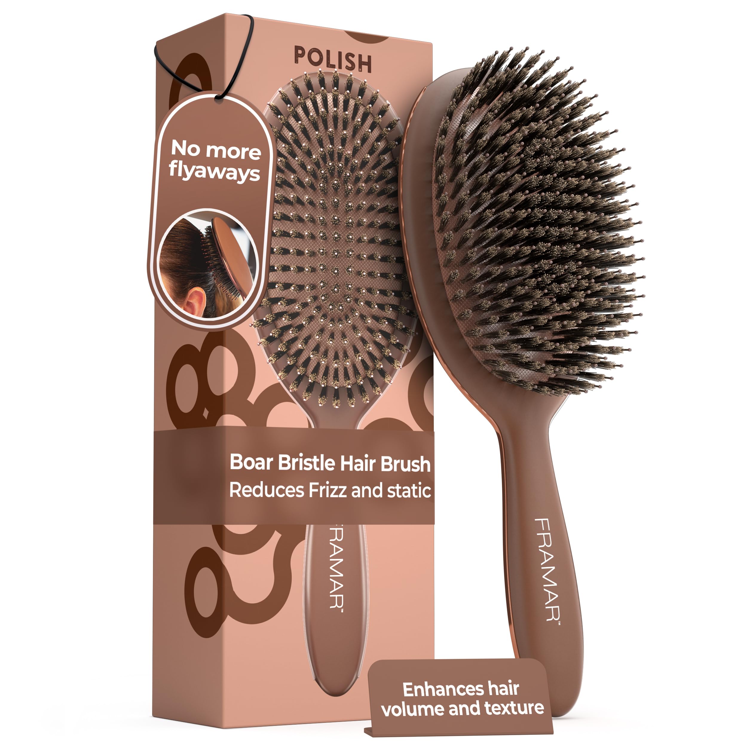 FRAMAR Soft Boar Bristle Hair Brush For Women, Boars Hair Brush For Women | Boar Brush For Fine Hair, Hairbrush For Fine Hair, Soft Bristle Brush For Slick Back, Volume and Shine, Chocolate