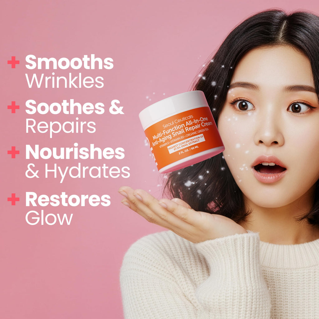 SeoulCeuticals 97.5% Snail Mucin Korean Face Moisturizer Day & Night Cream | 2oz Anti Wrinkle Anti Aging Repair, Natural Organic Cruelty Free Skin Care, K Beauty Facial Skincare for Oily Normal Dry Skin
