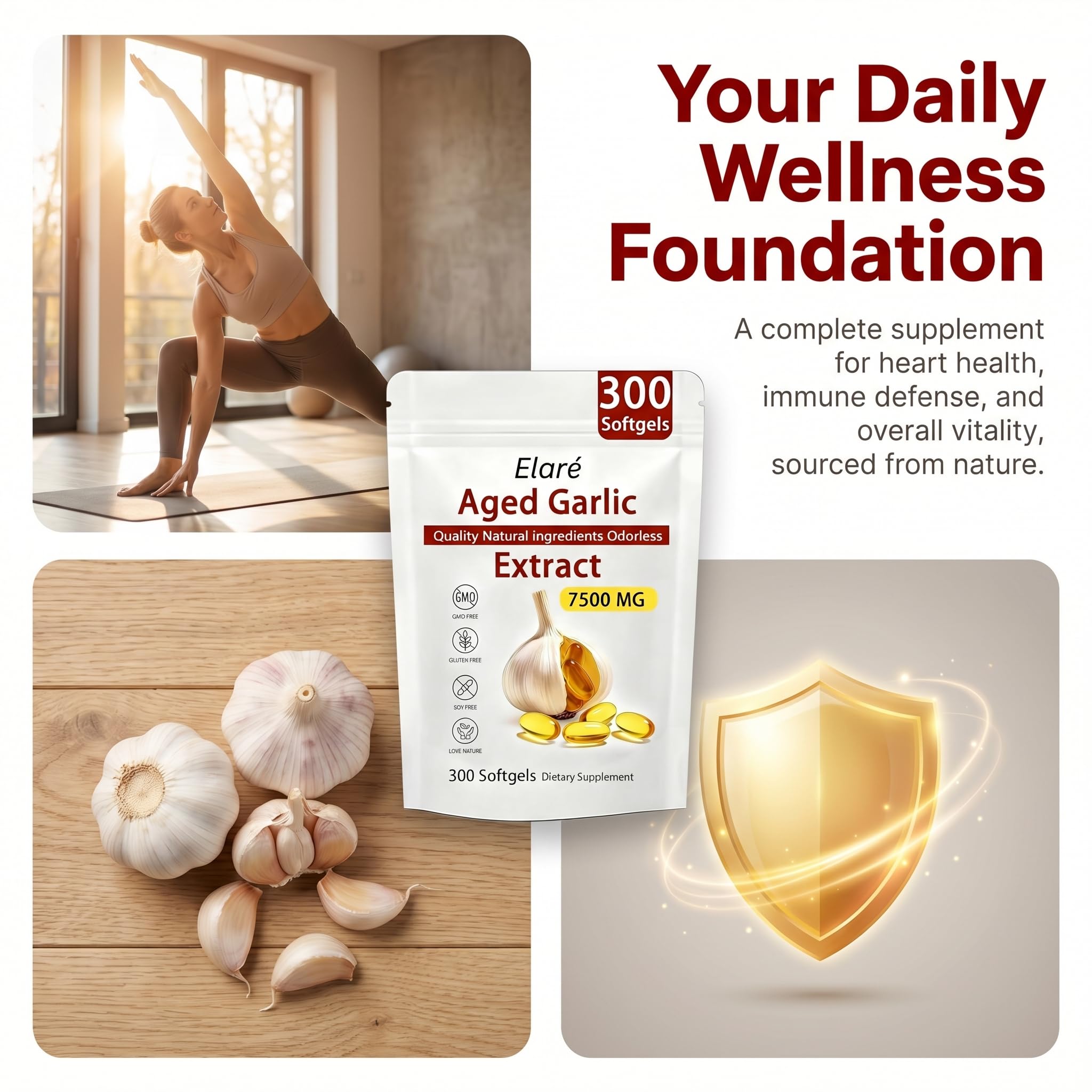 Elare Aged Garlic Extract - Odorless, Organic Garlic Extract Capsules | Heart & Immune Antioxidant Supplements, Vegetarian, All-Natural, Non-GMO, 300 Softgels