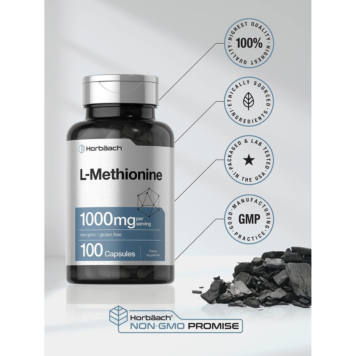 Horbäach L-Methionine 1000mg | 100 Capsules | Free Form Supplement