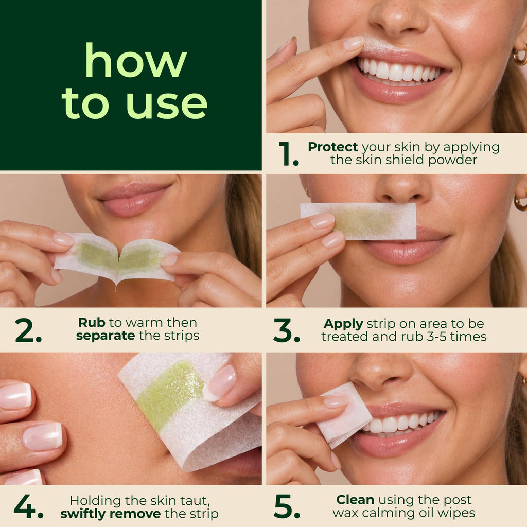 Nad's Facial Wax Strips - Hypoallergenic All Skin Types - Facial Hair Removal For Women - At Home Waxing Kit with 20 Face Wax Strips + 4 Calming Oil Wipes + Skin Protection Powder