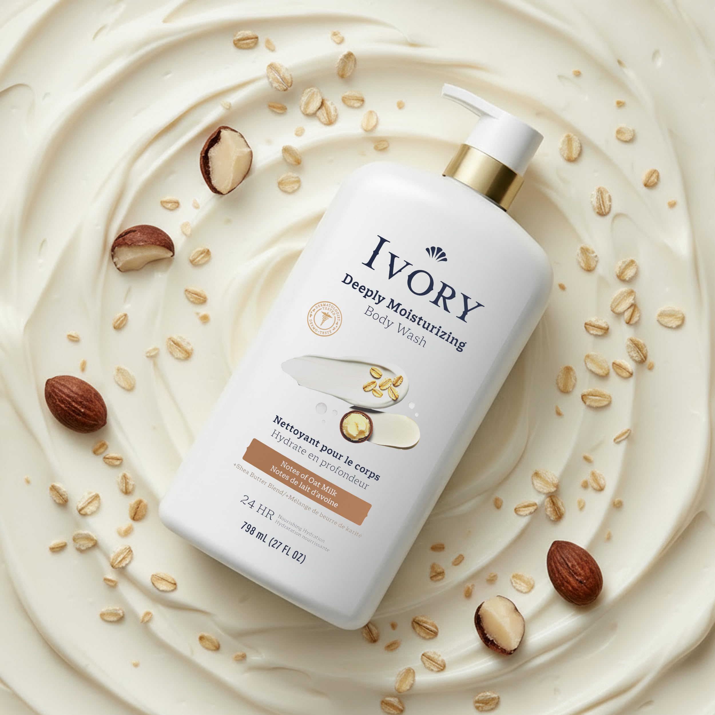 Ivory Body Wash, Deeply Moisturizing, 24hr Nourishing Hydration, Soothes Itchy Dry Skin, Made with Shea Butter Blend, Free of Dyes Heavy Perfumes Parabens & Phthalates, Oatmilk Scent, 27 oz