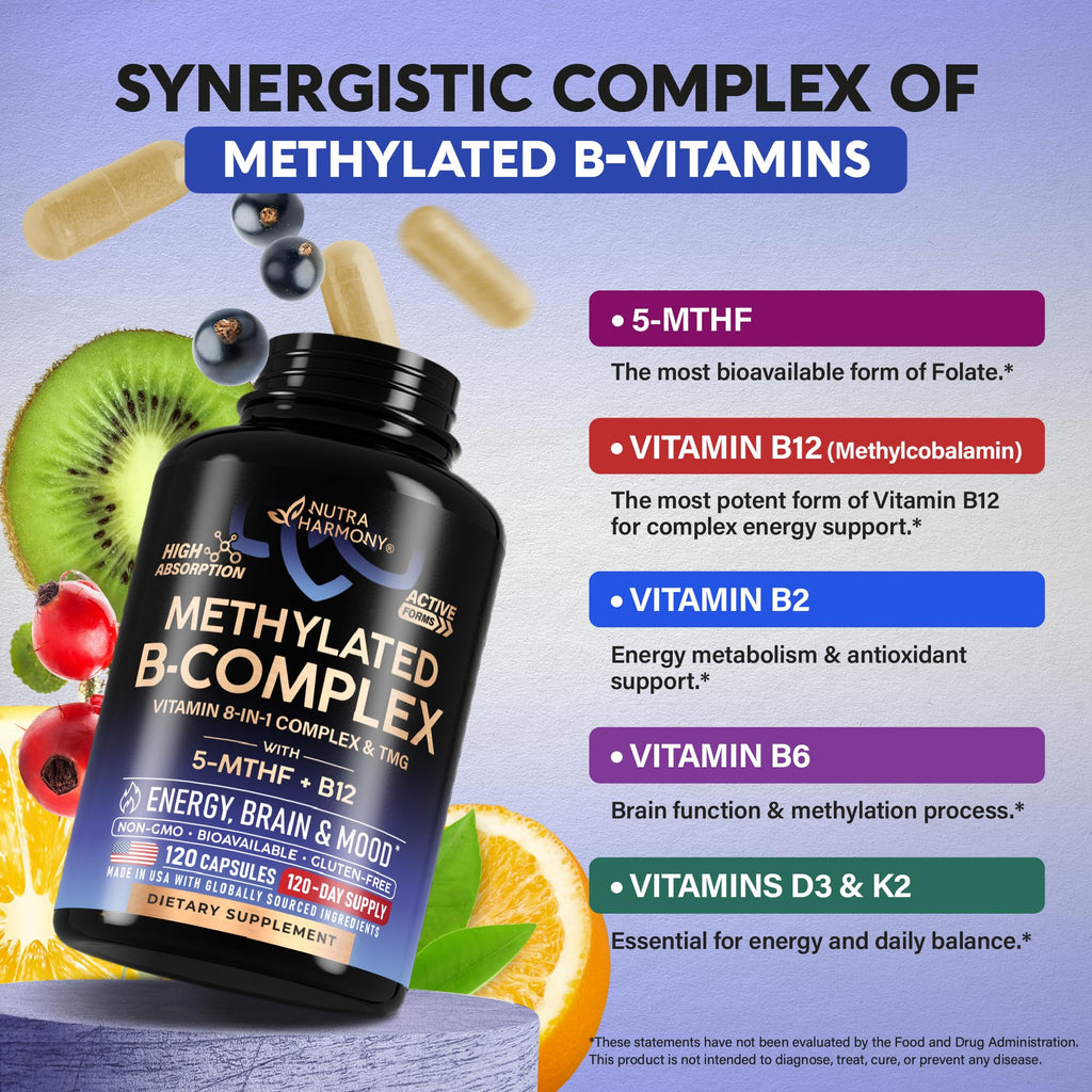 Vitamin B Complex Methylated - B-Complex with Methylfolate & B12 -120 Caps | 9-in-1 Methylated Multivitamin for Men & Women - Energy, Brain & Mood - Vegan, Lab Tested, Bioavailable