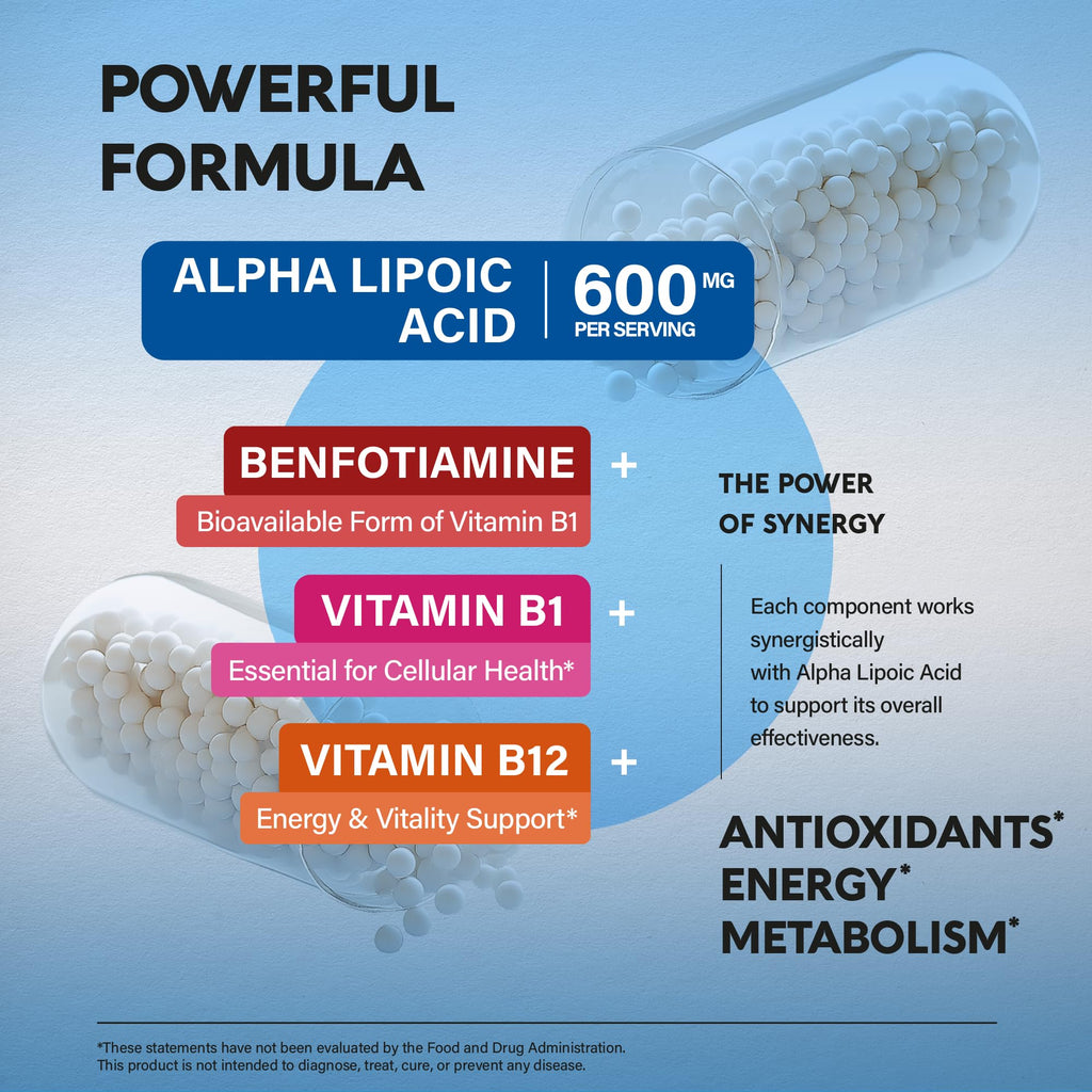 Alpha Lipoic Acid 600mg - ALA Supplement + Benfotiamine B1 & B12 - 120 Caps | Alpha Lipoic Acid - Antioxidant, Nerve, Energy & Metabolism Support for Men & Women - Lab Tested, NON-GMO, Vegan