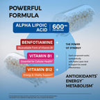Alpha Lipoic Acid 600mg - ALA Supplement + Benfotiamine B1 & B12 - 120 Caps | Alpha Lipoic Acid - Antioxidant, Nerve, Energy & Metabolism Support for Men & Women - Lab Tested, NON-GMO, Vegan