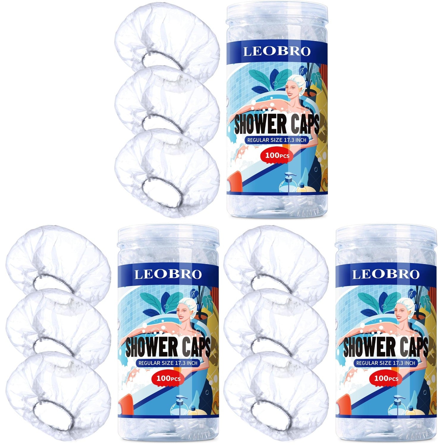 LEOBRO 100PCS Disposable Shower Caps, Shower Caps for Women Disposable, Clear Plastic Shower Cap, Plastic Hair Caps for Hair Treatment, Regular Size 17.3 INCH