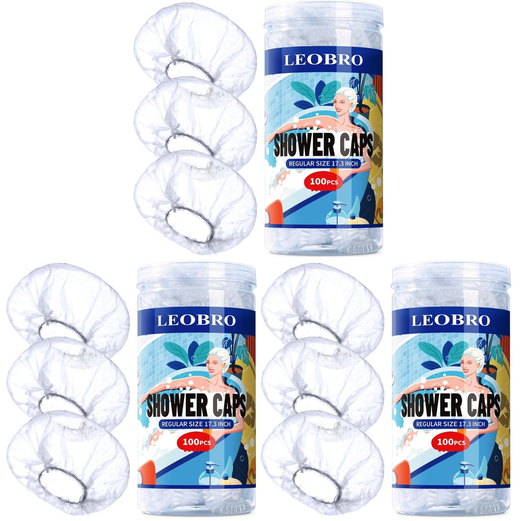 LEOBRO 100PCS Disposable Shower Caps, Shower Caps for Women Disposable, Clear Plastic Shower Cap, Plastic Hair Caps for Hair Treatment, Regular Size 17.3 INCH