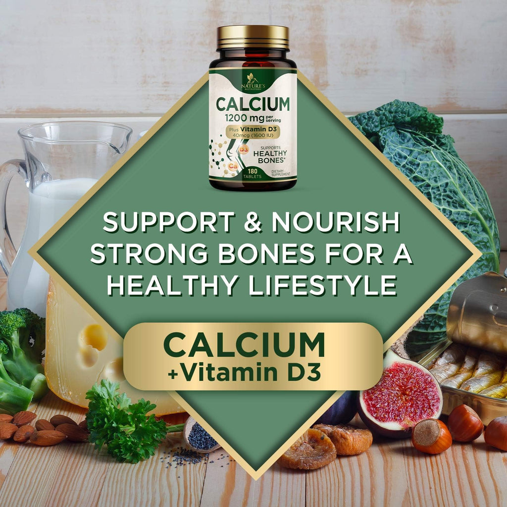 Calcium 1200 mg with Vitamin D3 - Bone Health Supplement, Vitamin D & Calcium Supplements for Women & Men - Bone Strength, Teeth & Immune Support, Nature's Calcium Pills, Bottled in USA - 180 Tablets