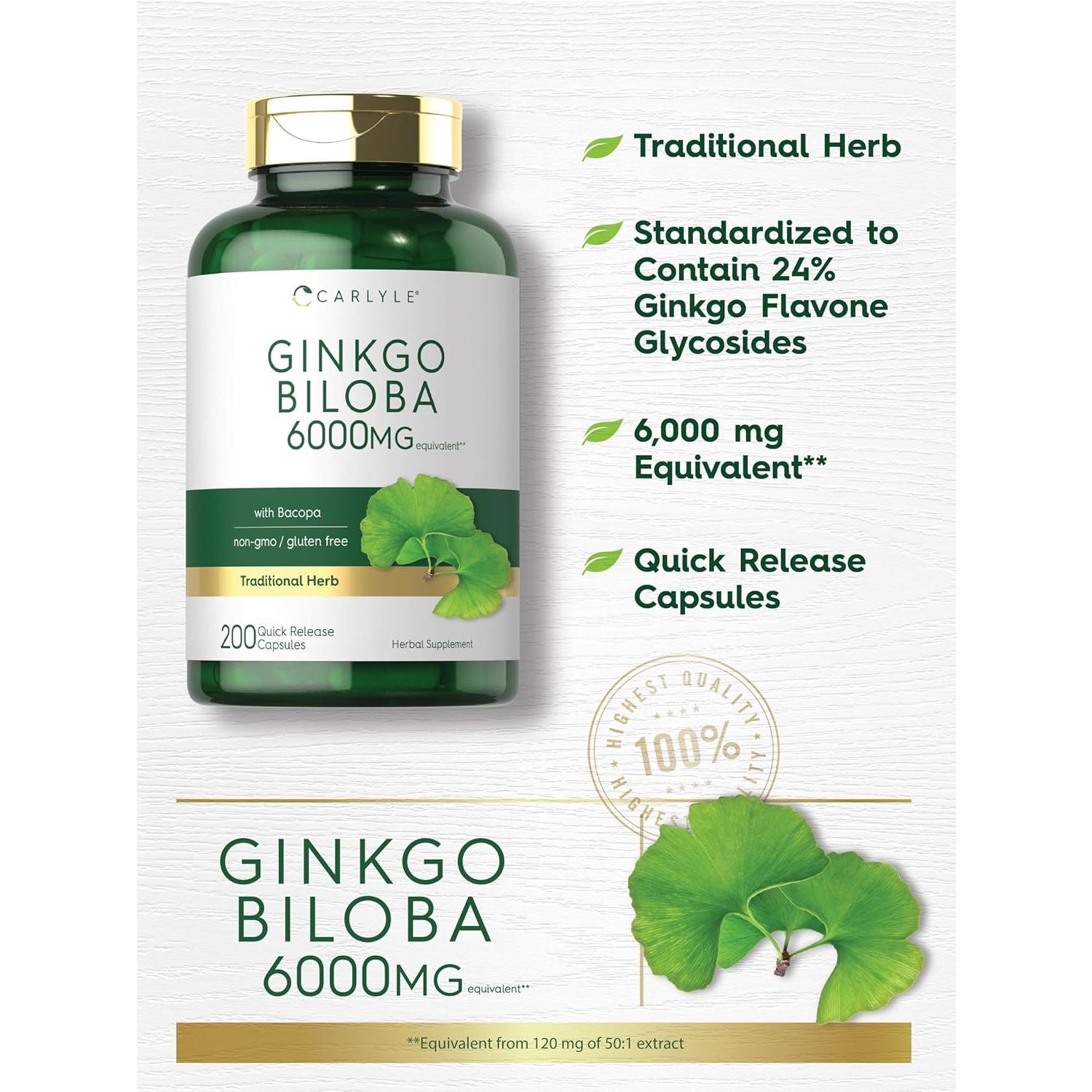 Buy now Carlyle Ginkgo Biloba Pills | 6000mg | 200 Capsules | with Bacoba Extract | Extra Strength, Non-GMO and Gluten Free Herbal Supplement at indiglob india