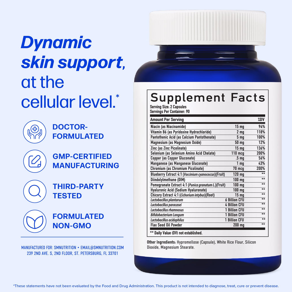 Clear Skin Supplement Acne Support, Zinc DIM, Probiotics, Doctor-Formulated | 3-in-1 Hormone, Gut & Complexion Support, Triple Action Hyaluronic Acid & Vitamins for Skin Balance and Glow, 180 Capsules