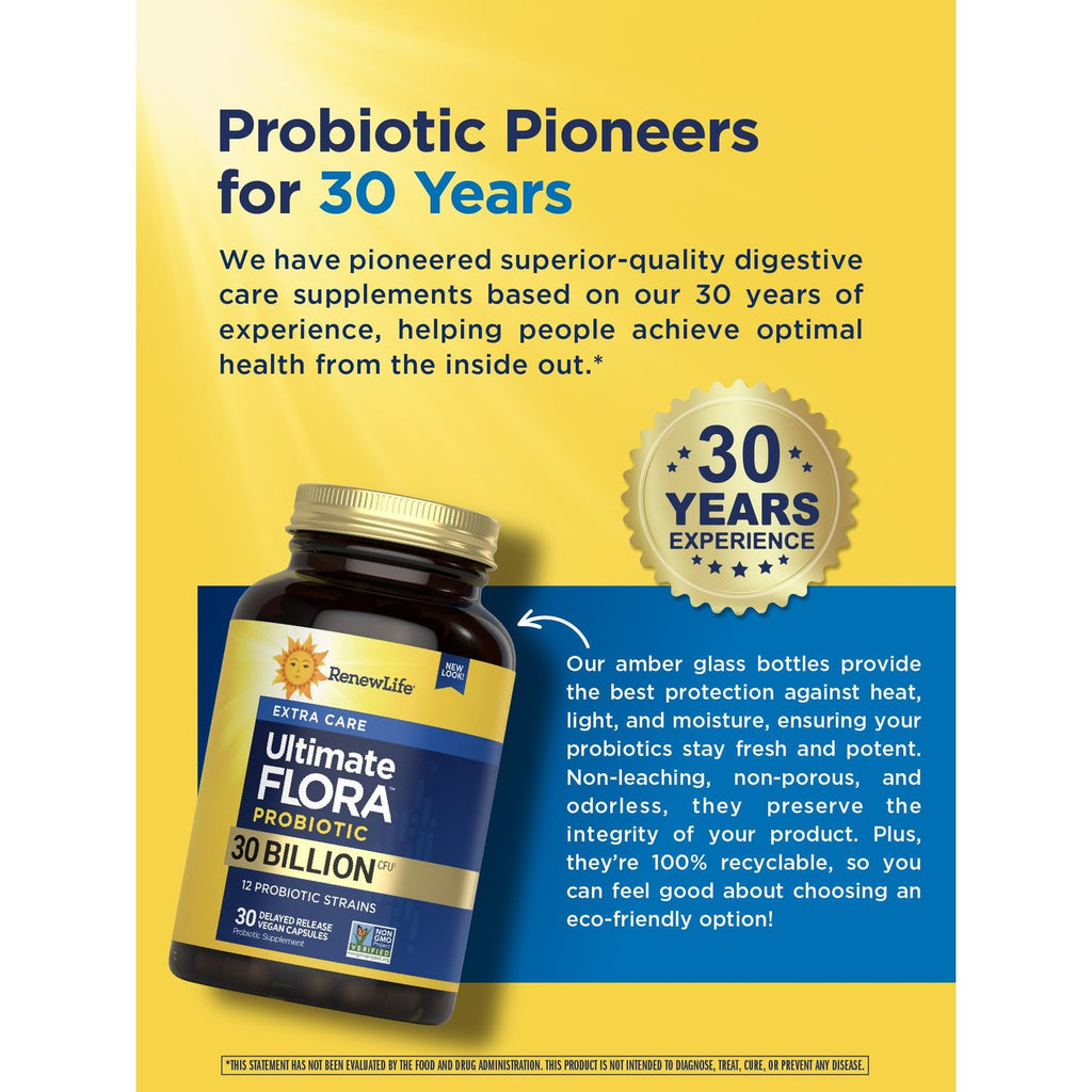 Renew Life Ultimate Flora Probiotic 30 Billion CFU | 30 Delayed Release Vegan Capsules | Microbiome Balance | Dairy, Soy and Gluten Free