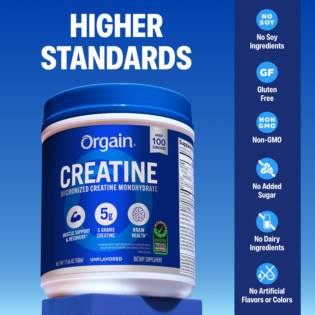 Orgain 5g Creatine Monohydrate Micronized Powder, Unflavored, 100 Servings | Creatine to support muscle growth, post workout recovery & brain health, no artificial additives, non-GMO, 17.64oz