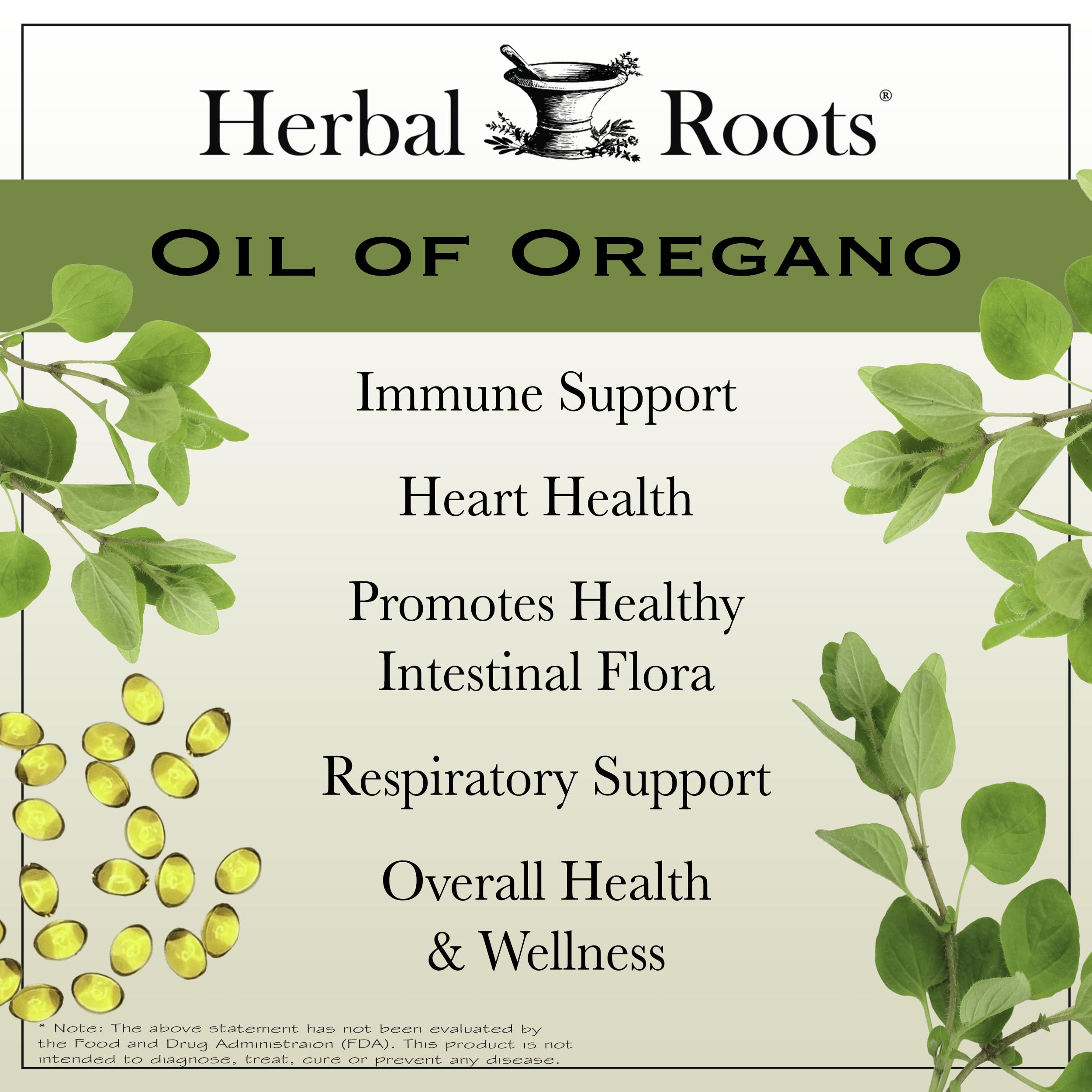 Herbal Roots Oil of Oregano Softgels - 65% Carvacrol - Extra Strength Immune and Gut Health Support - 90 Easy to Swallow Capsules