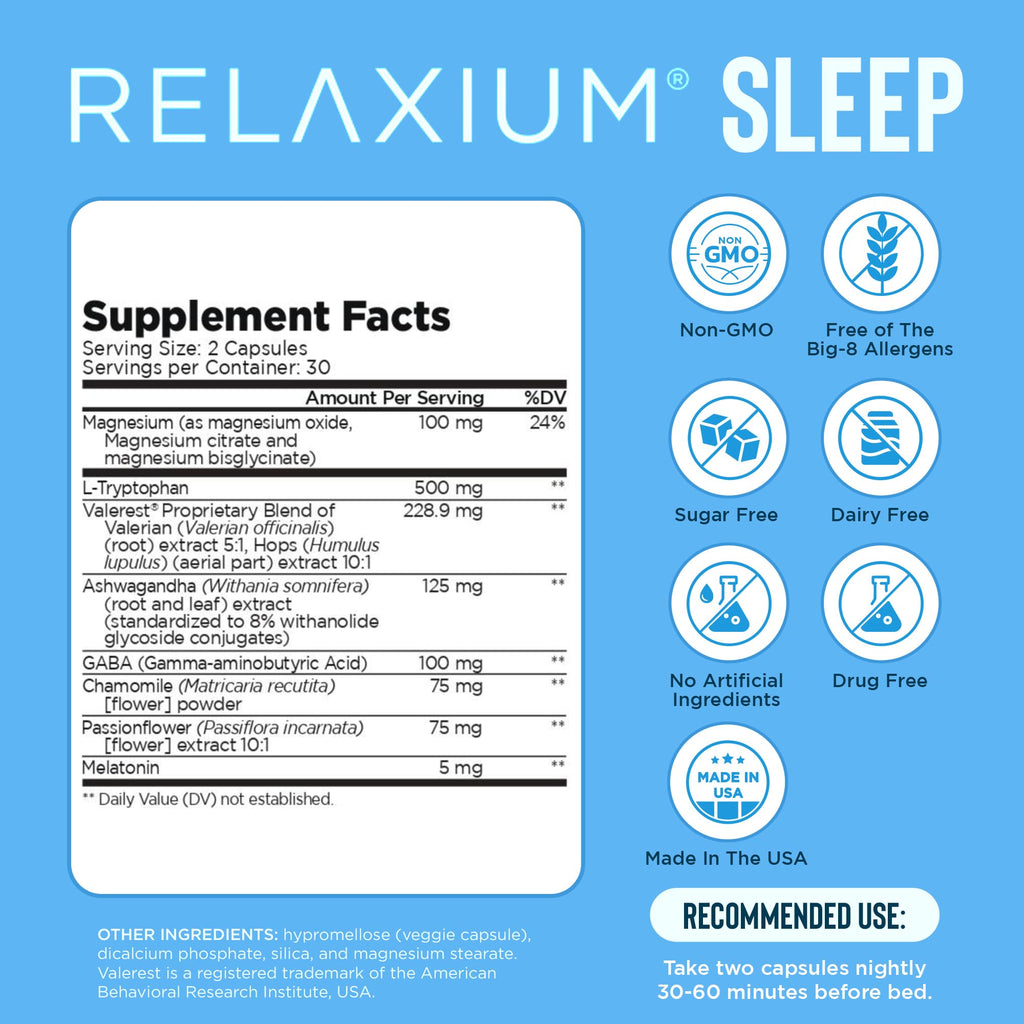 Relaxium Sleep Aid for Adults, 5mg Melatonin, Magnesium Glycinate, 30-Day | Non-Habit Forming Dietary Supplement, Drug-Free, Stress Relief