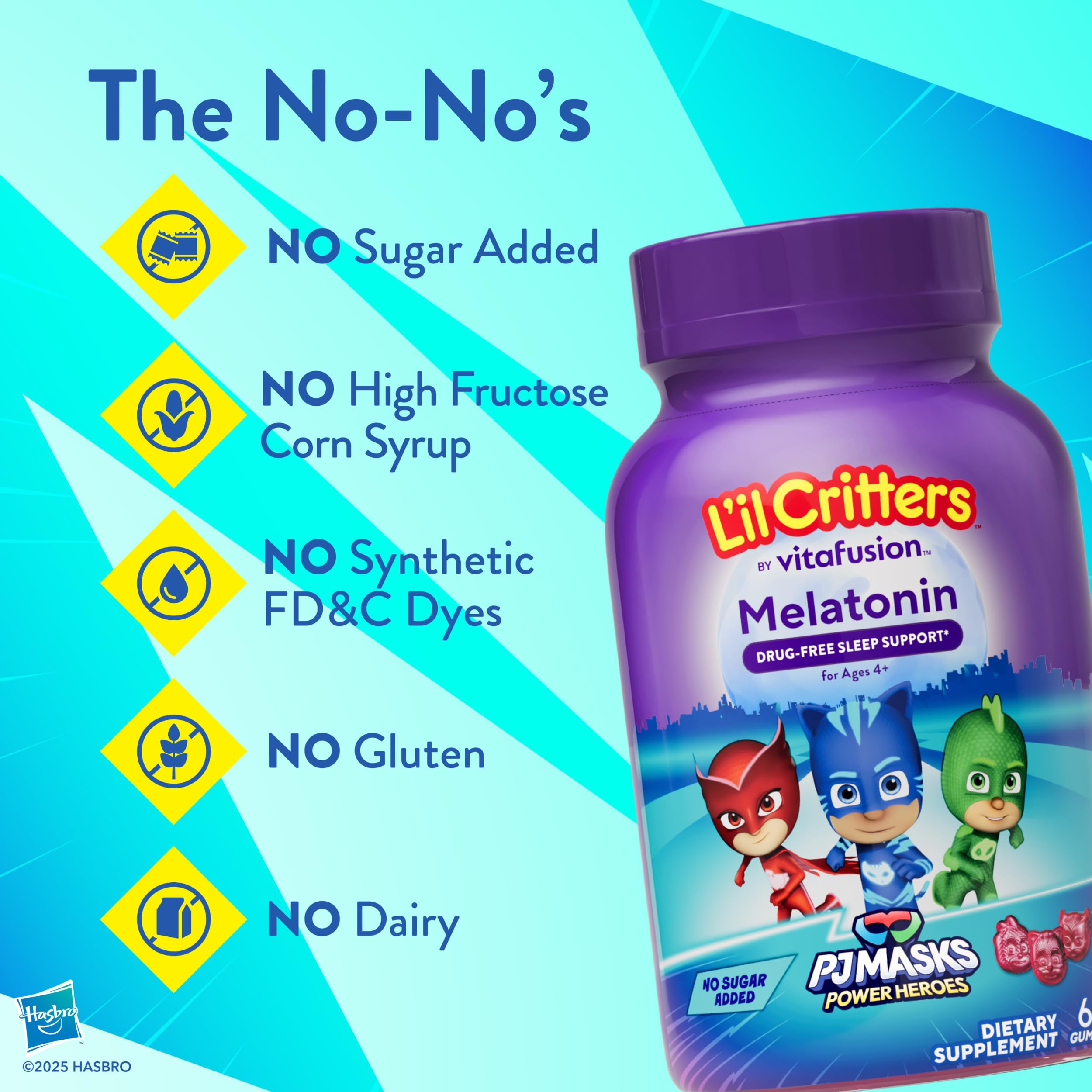 Lil Critters PJ Masks Power Heroes Kids Melatonin Gummy | 1mg | 60 Gummies | Drug-Free and No Sugar Added | For Ages 4+ | Berry Flavor | Gluten and Dairy-Free Children's Supplement