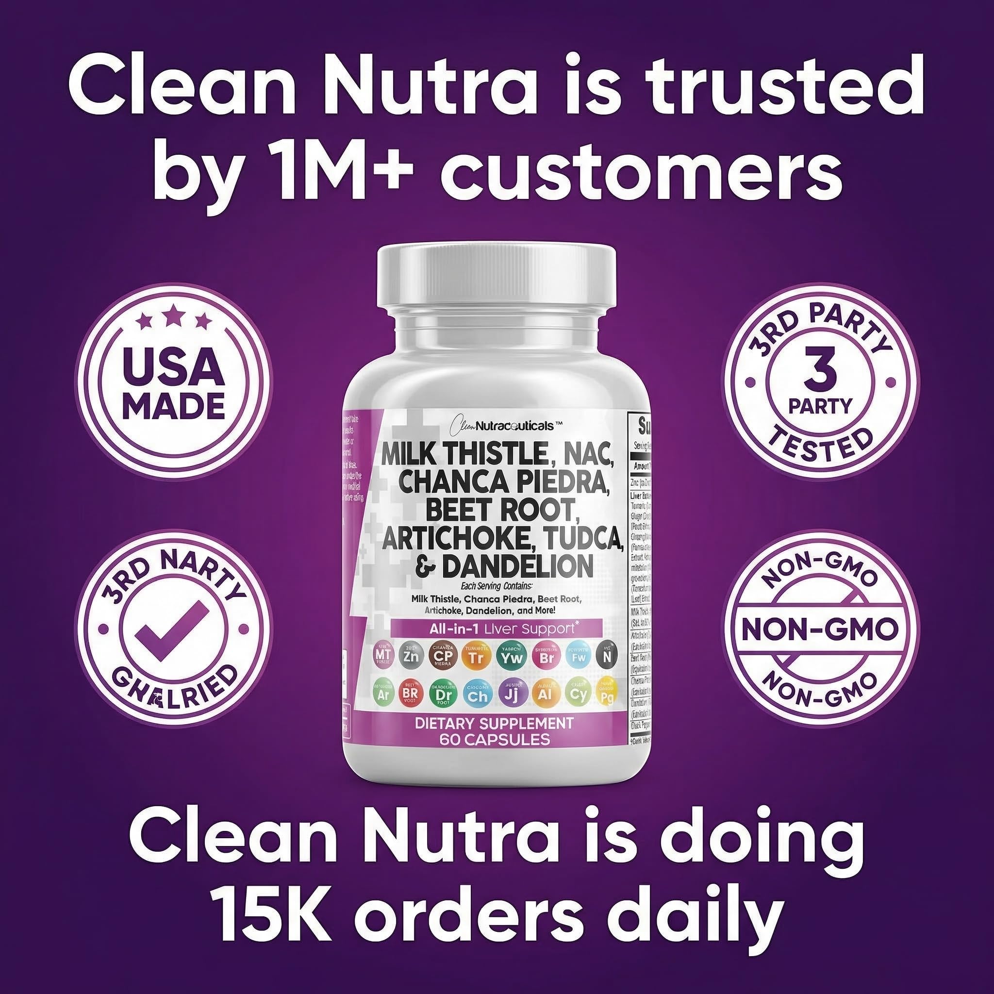 Clean Nutraceuticals Milk Thistle NAC Chanca Piedra Beet Root Artichoke Astragalus Dandelion Root - Liver Cleanse Detox & Repair Supplement Plus TUDCA Choline & Ginger - 1Pack