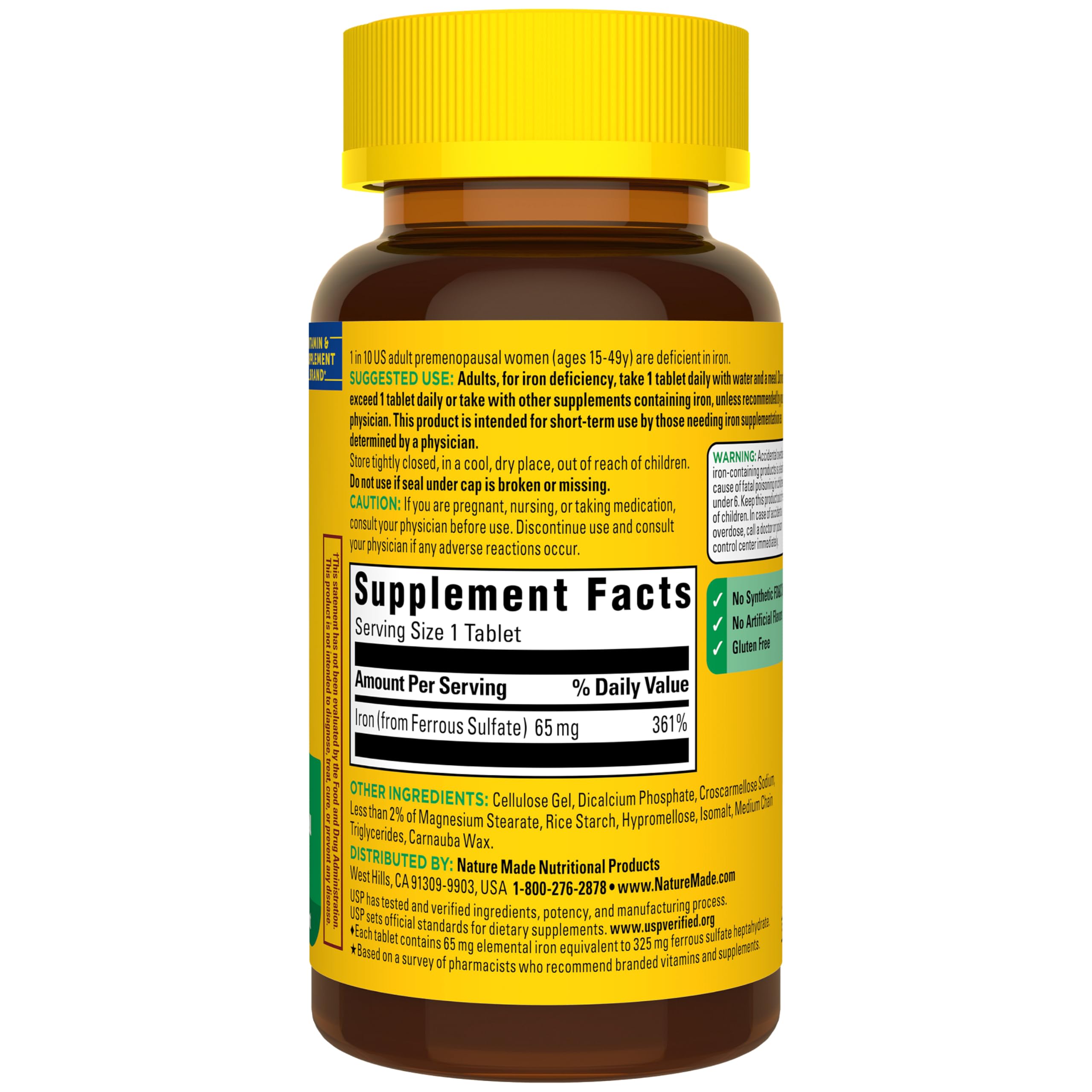 Nature Made Iron 65 mg (325 mg Ferrous Sulfate) Tablets, 180 Tablets | Iron Supplements for Men and Women with an Iron Deficiency, Dietary Supplement for Red Blood Cell Support, 180 Day Supply