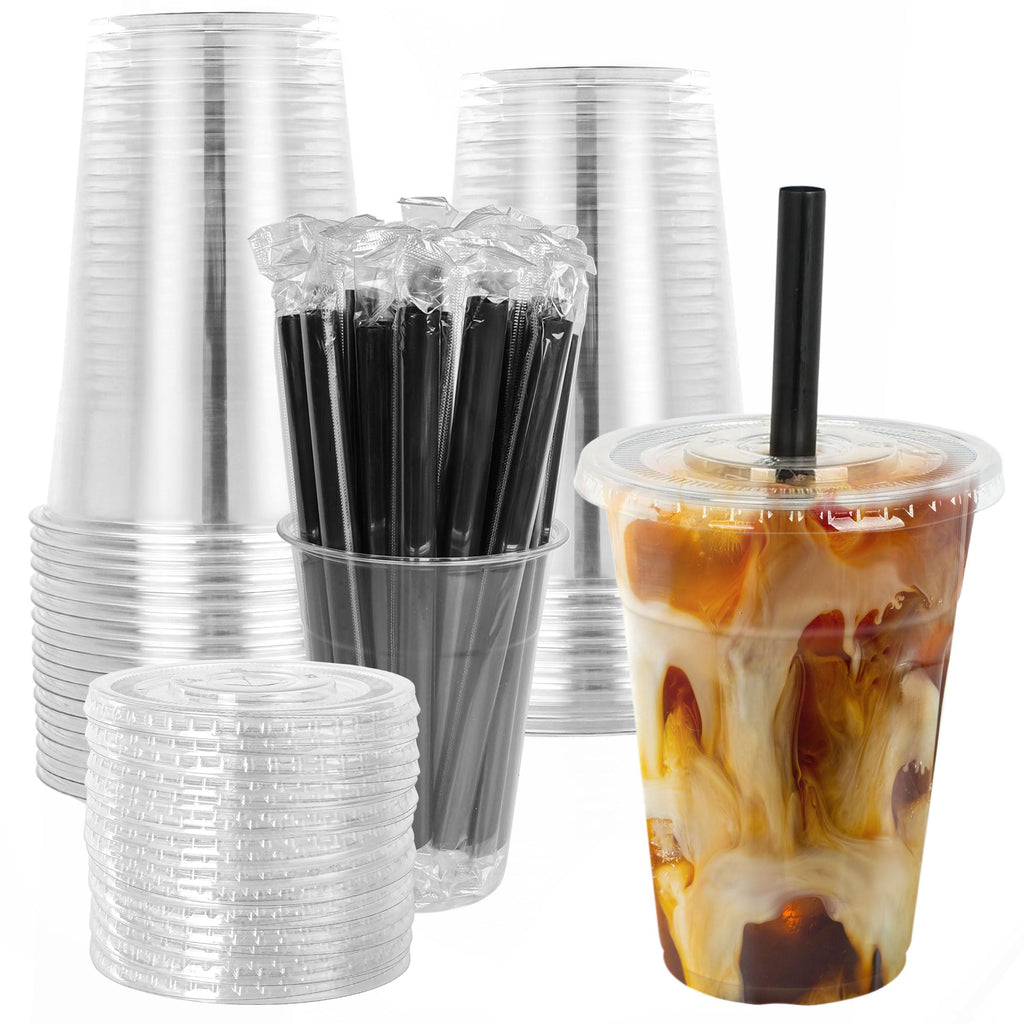 lucdnc 16oz Disposable Clear Plastic Cups with Lids & Straws