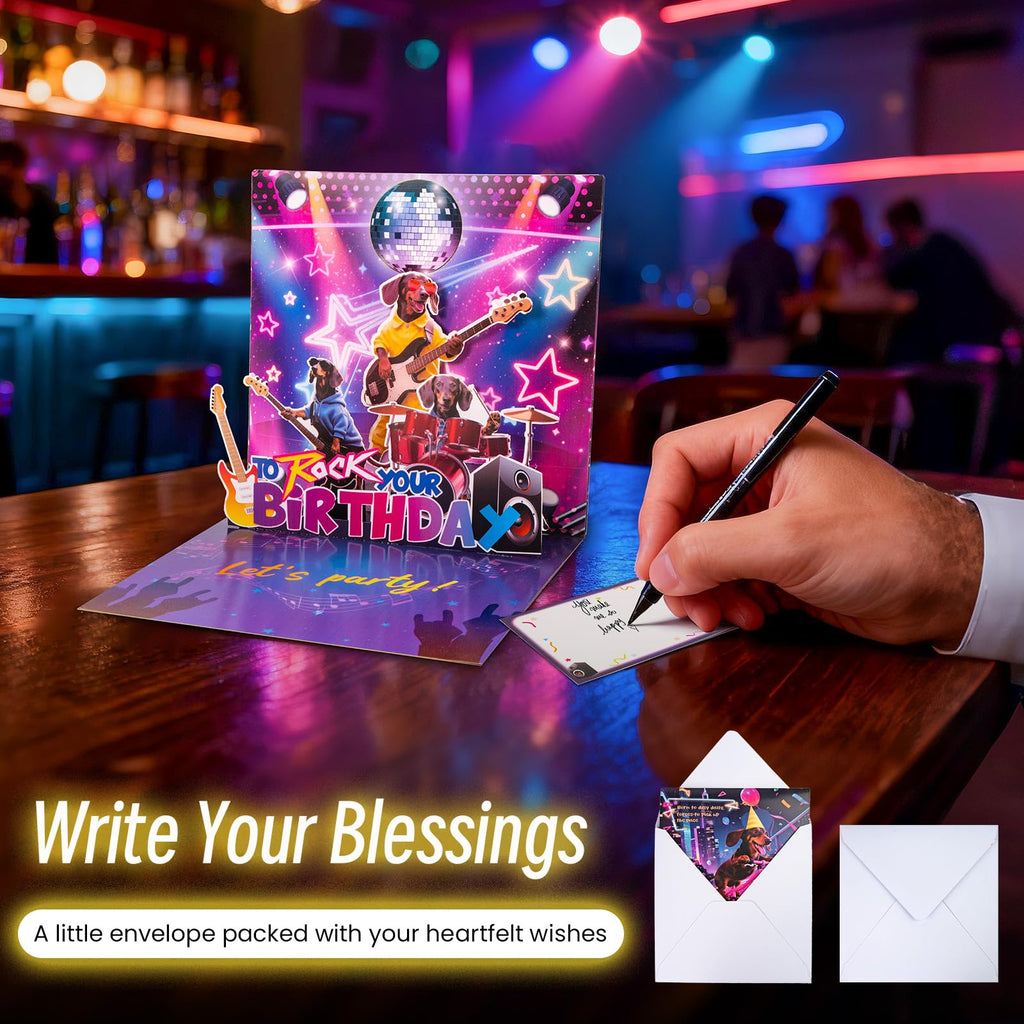 Birthday Card, Funny Birthday Cards for Men Women Kids, Exquisite MUSICAL & SHAKING & LIGHTING Rock Band Dog Pop-up Greeting Card Gifts with Envelope, 6.1 x 6.1 Inch