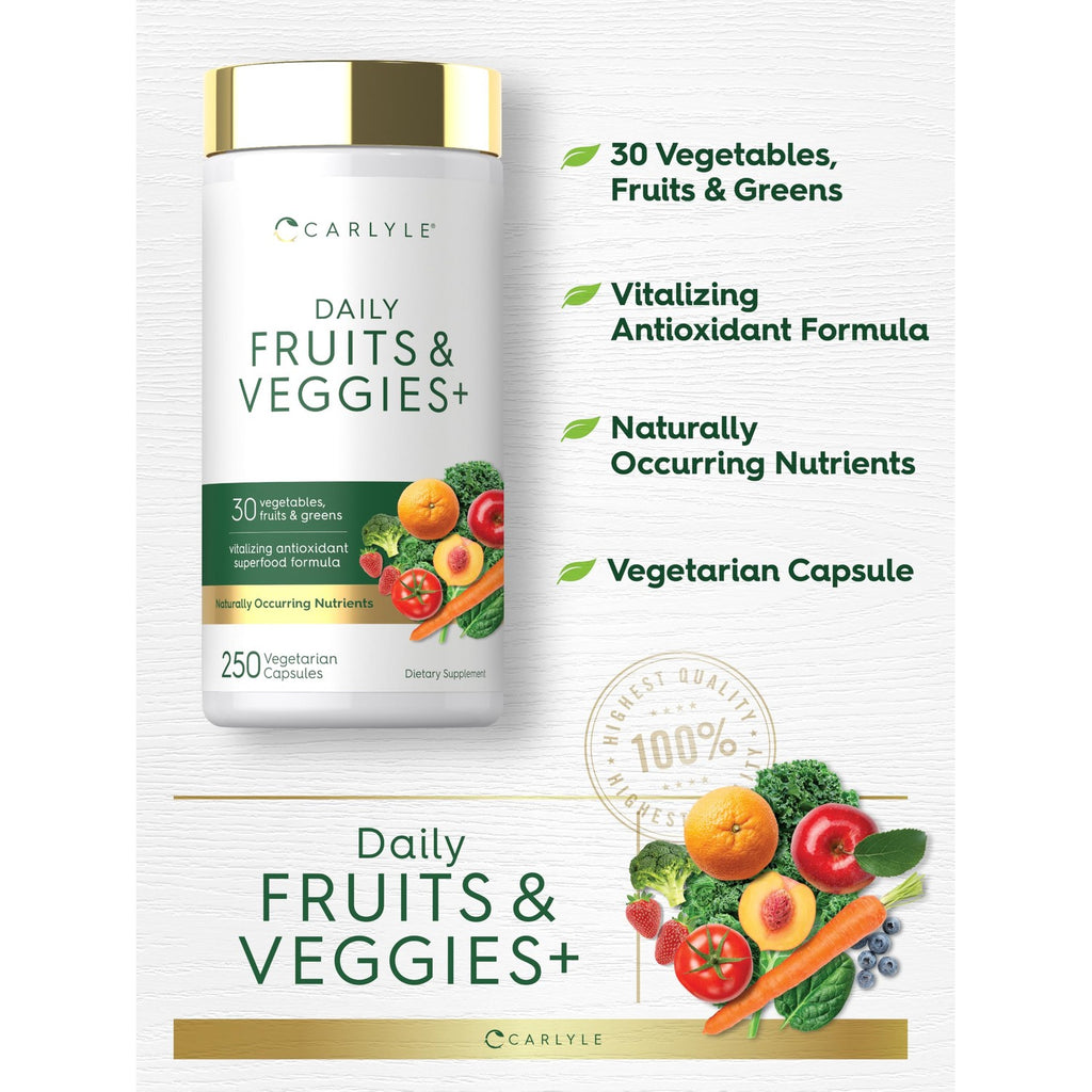 Carlyle Fruits and Veggies Supplement | 250 Capsules | Made With 30 Fruits and Vegetables | Vegetarian, Non-GMO, Gluten Free Superfood Formula