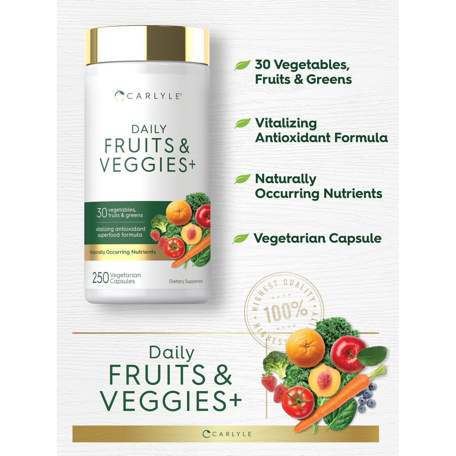 Carlyle Fruits and Veggies Supplement | 250 Capsules | Made With 30 Fruits and Vegetables | Vegetarian, Non-GMO, Gluten Free Superfood Formula