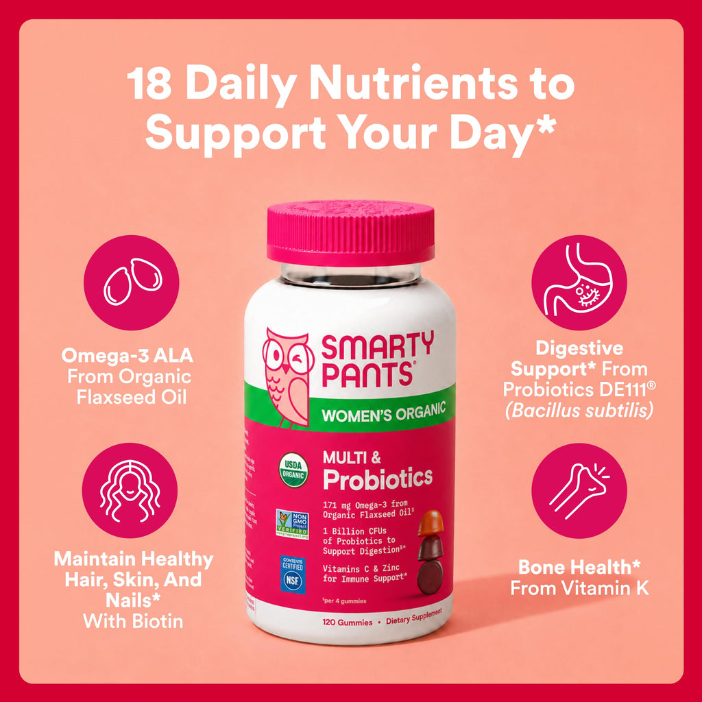 SmartyPants Organic Women's Multivitamin Gummies: Biotin, Probiotics, Methylfolate, Omega 3 (ALA), Vitamin D3, C, Vitamin B12, B6, A, K & Zinc, Inositol, Gluten Free, 120 Count (30 Day Supply)