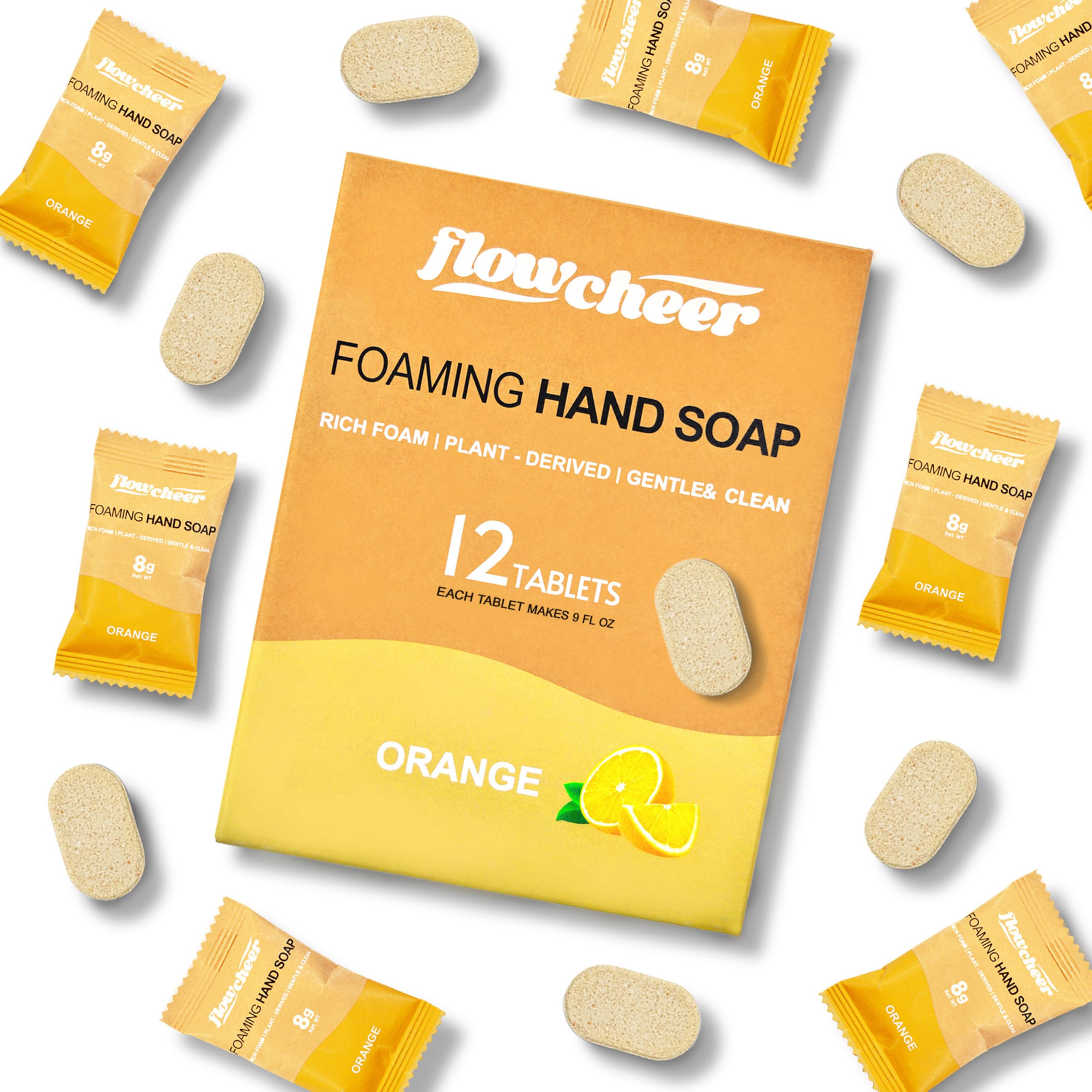 Flowcheer orange foaming hand soap refill tablets pack, 12 plant-derived tablets for rich, gentle cleansing.