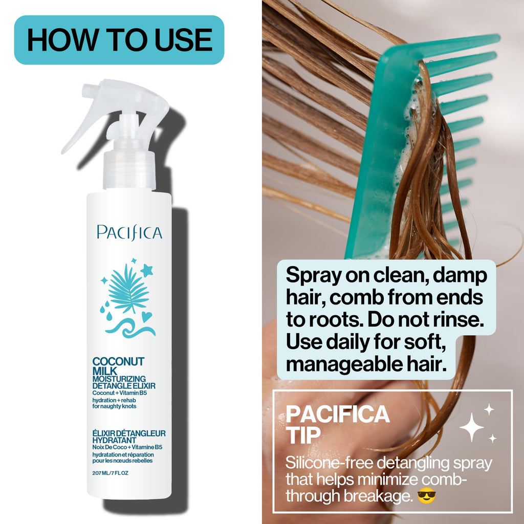Pacifica Coconut Milk Hair Detangler Spray – Leave-In Conditioning Elixir for Tangle-Free Hair – Instantly Detangles Knots, Adds Shine & Moisture, Prevents Breakage & Frizz – Vegan & Cruelty-Free | Vegan