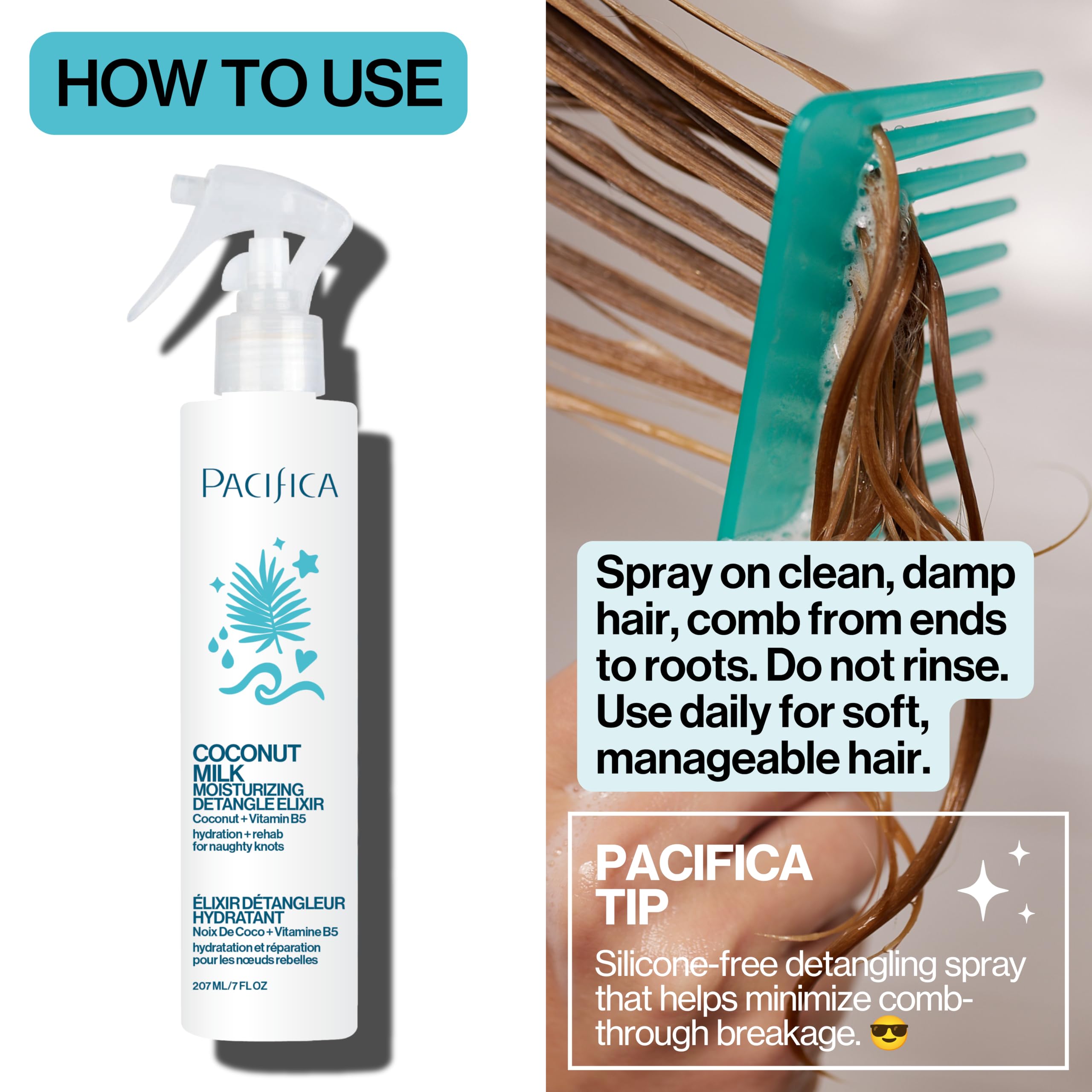 Pacifica Coconut Milk Hair Detangler Spray – Leave-In Conditioning Elixir for Tangle-Free Hair – Instantly Detangles Knots, Adds Shine & Moisture, Prevents Breakage & Frizz – Vegan & Cruelty-Free | Vegan