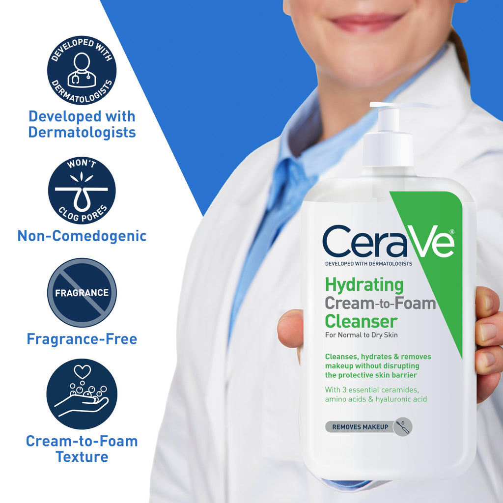 CeraVe Hydrating Cream To Foam Cleanser, Face Wash for Dry Skin, 19oz | Skin Care with Hyaluronic Acid, Makeup Remover, Facial Cleanser, Fragrance-Free, Non-Comedogenic, For Normal To Dry Skin